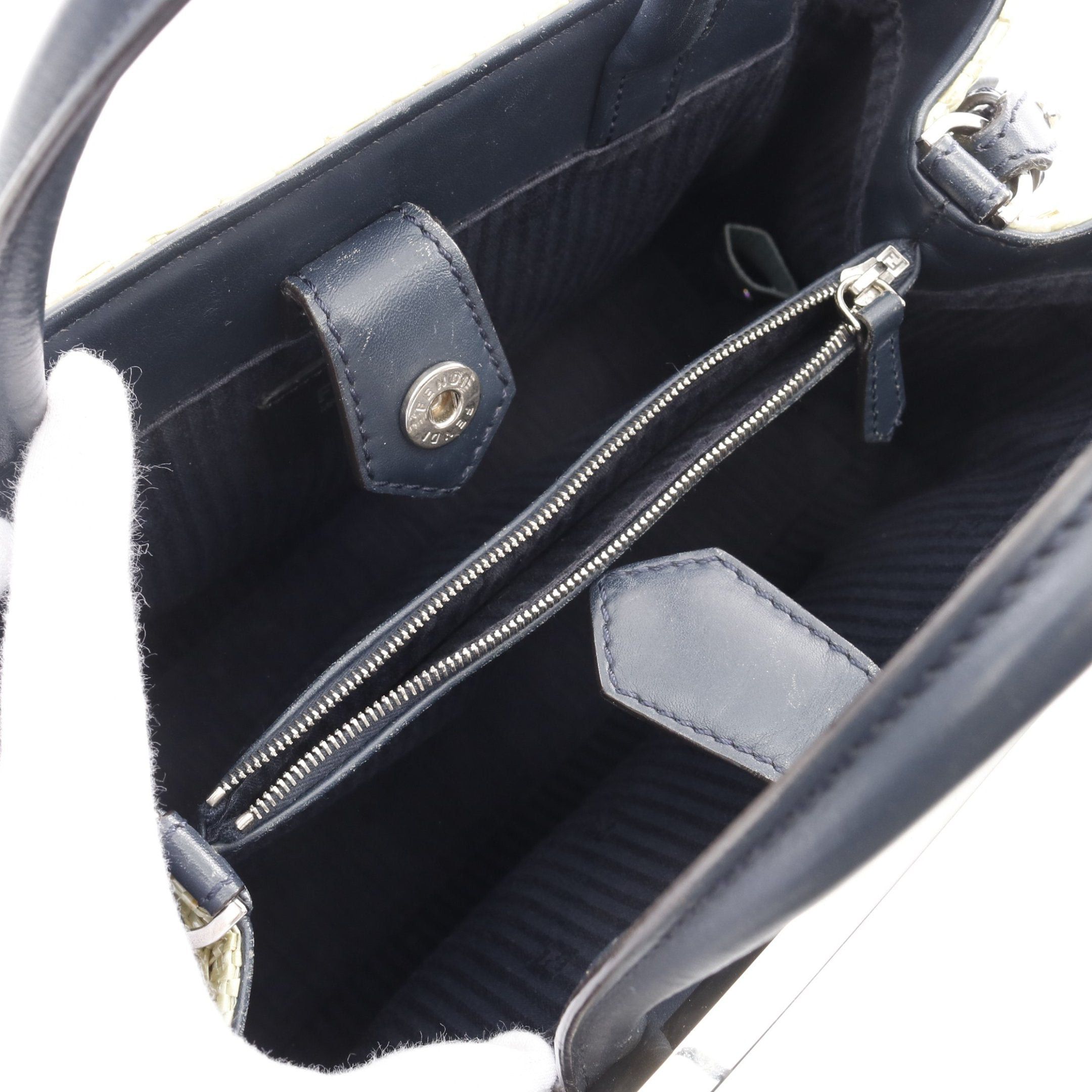 Fendi Fendi Petite 2Jours Petit Handbag Straw Leather Yellow-Green Navy Size ONE SIZE - 3 Thumbnail