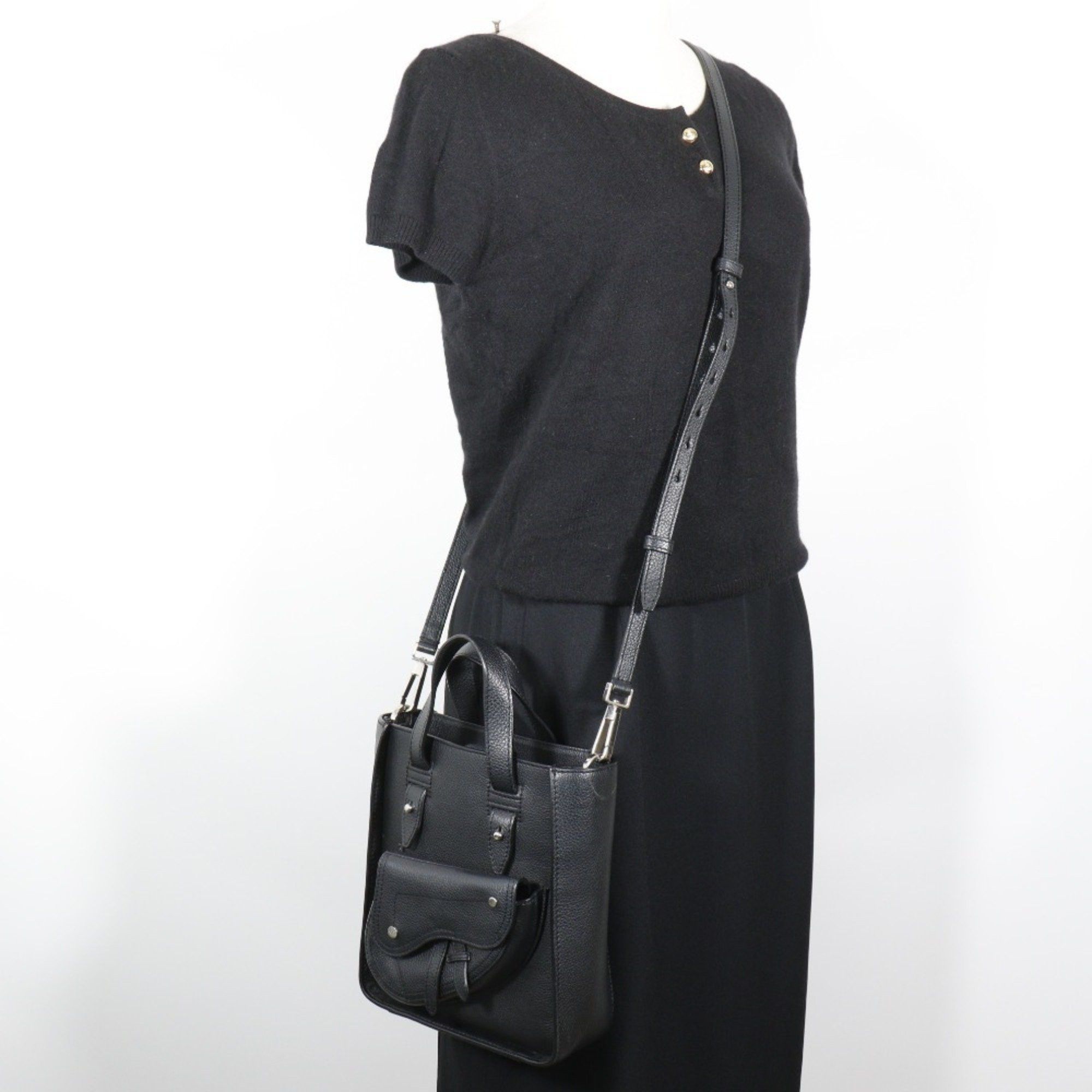 Dior Christian Dior Saddle Mini Tote Handbag Shoulder Bag Calf Black 2way A5 Type Women's Size ONE SIZE - 13 Thumbnail