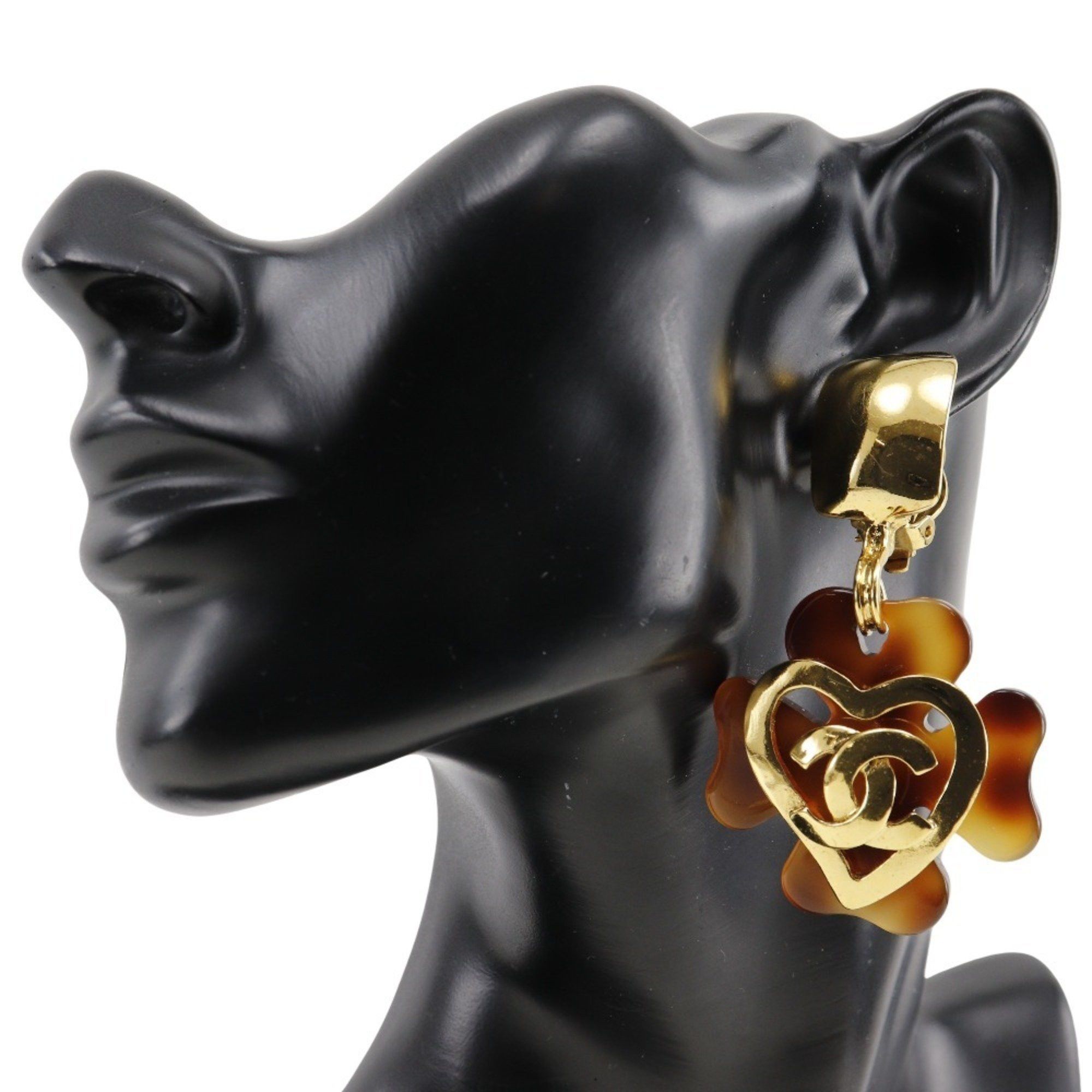 Chanel CHANEL Coco Mark Heart Earrings Clover Gold Plated x Plastic 1995 Brown 95P Approx. 36.0g COCO Women's Size ONE SIZE - 2 Thumbnail