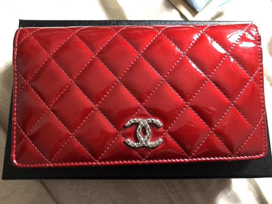 Chanel Quilted Patent Leather Long Flap Wallet In Red Grailed