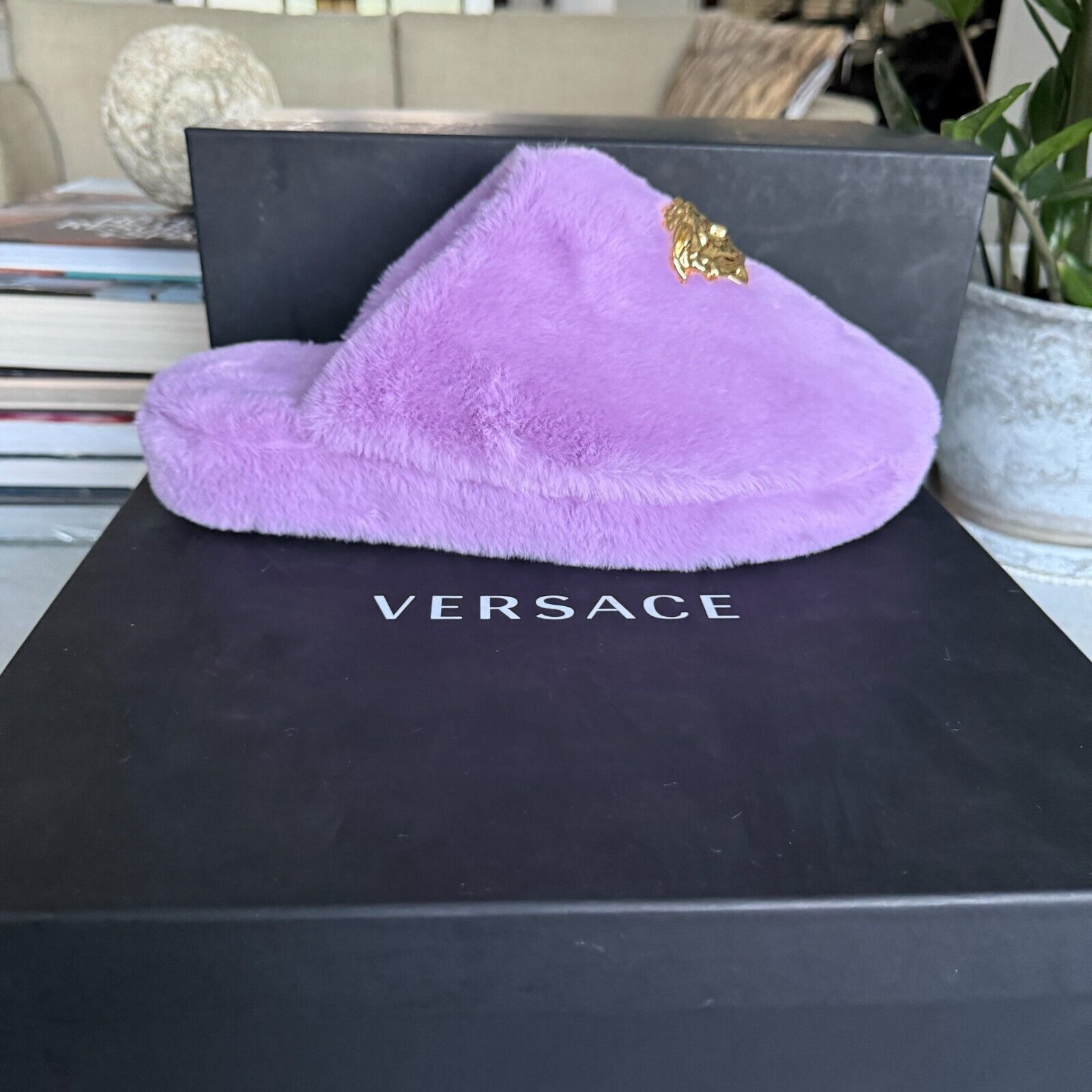 Versace VERSACE Medusa Icon Faux Fur Slippers Purple Size US 6 / IT 36 - 2 Thumbnail