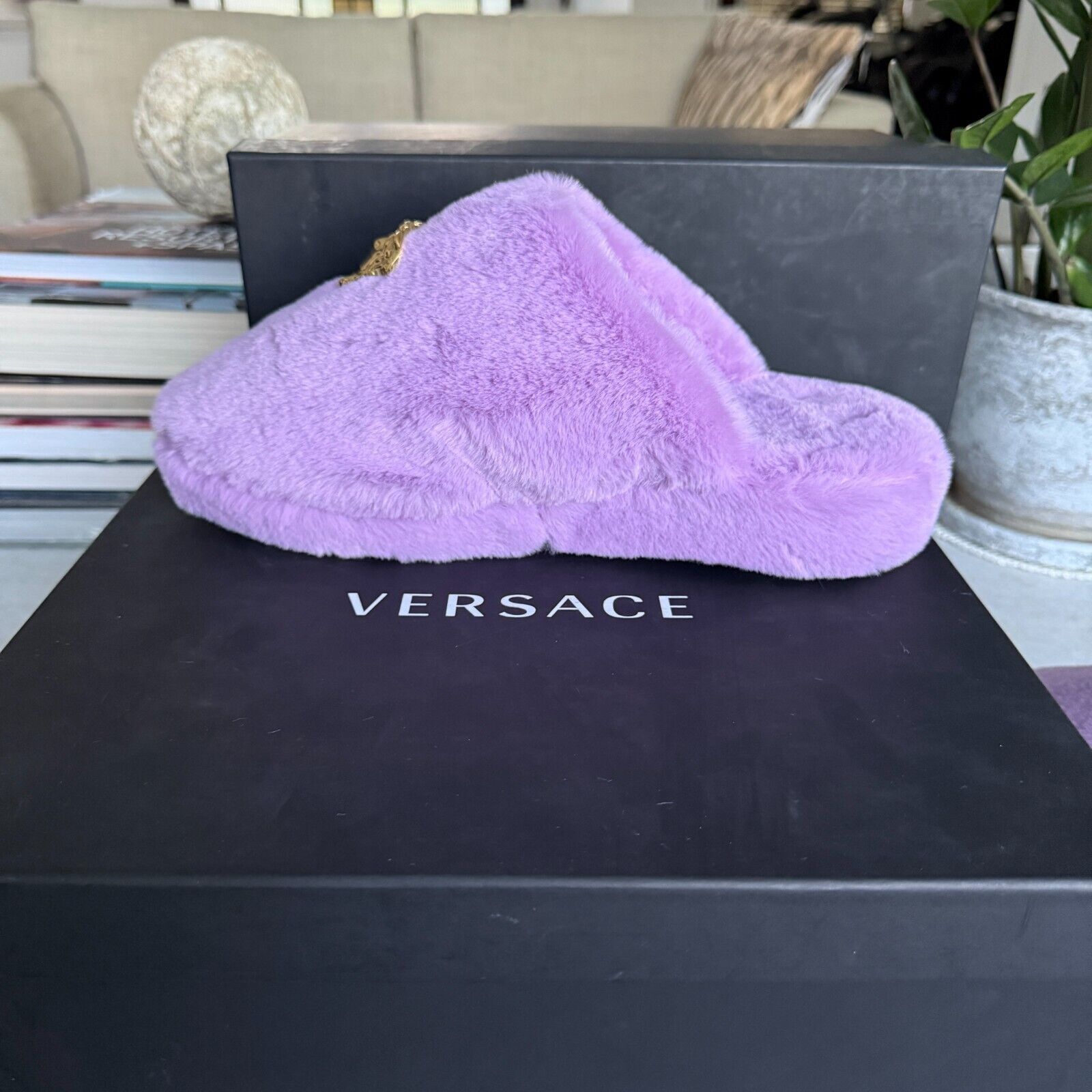 Versace VERSACE Medusa Icon Faux Fur Slippers Purple Size US 7 / IT 37 - 3 Thumbnail