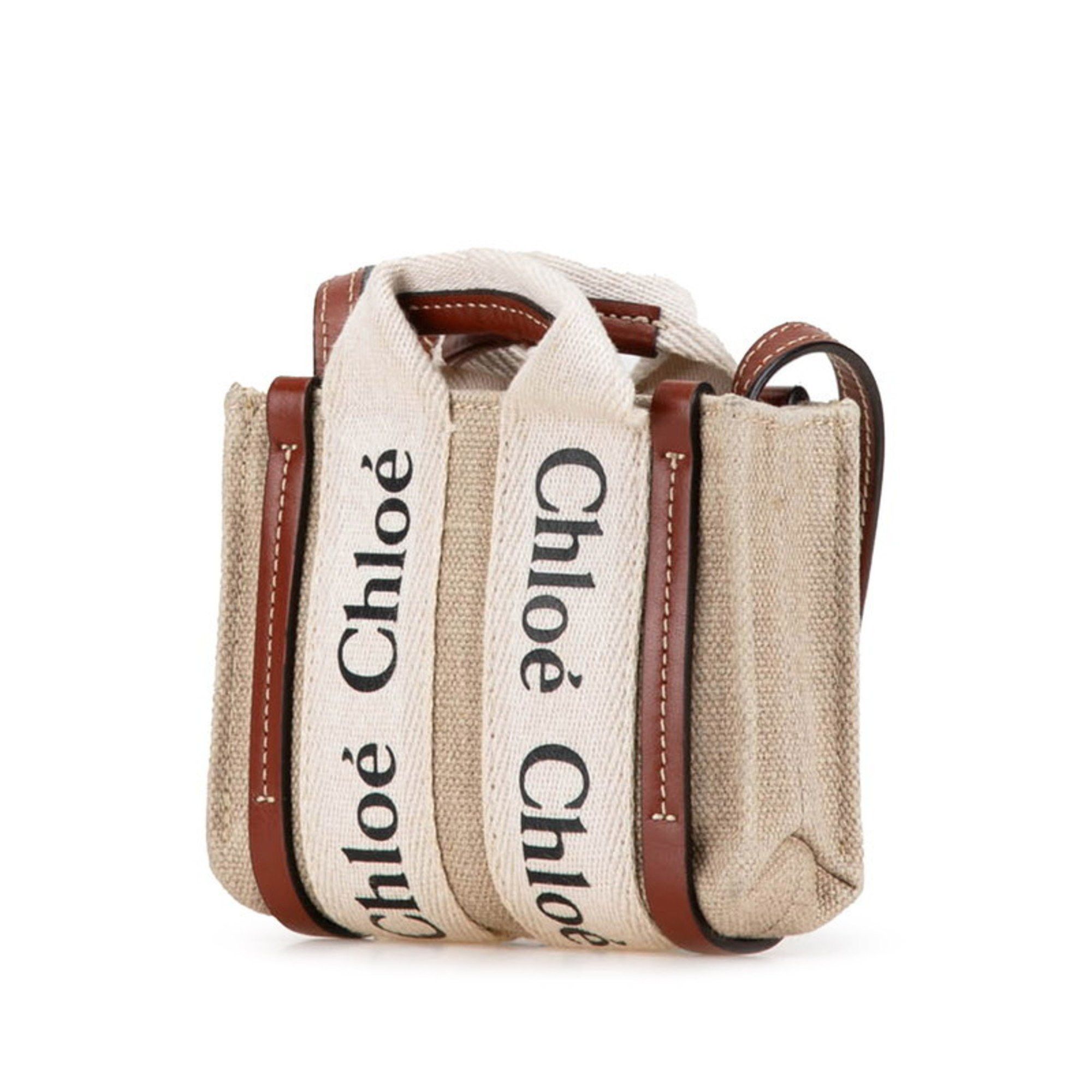Chloe Chloé Chloe Woody Nano Handbag Shoulder Bag Beige Canvas Leather Women's Size ONE SIZE - 2 Thumbnail