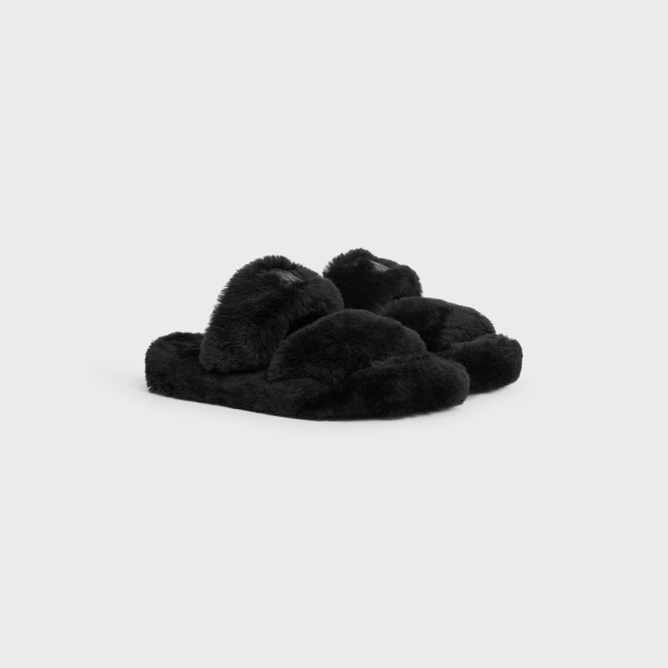 Celine Triomphe Fur Slides in Shearling Black Size US 9 / IT 39 - 2 Thumbnail