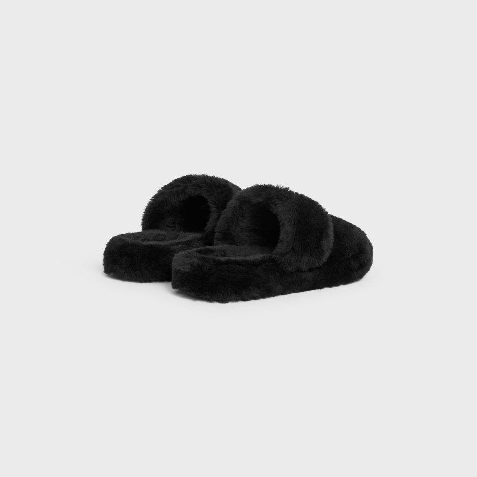 Celine Triomphe Fur Slides in Shearling Black Size US 11 / IT 41 - 3 Thumbnail