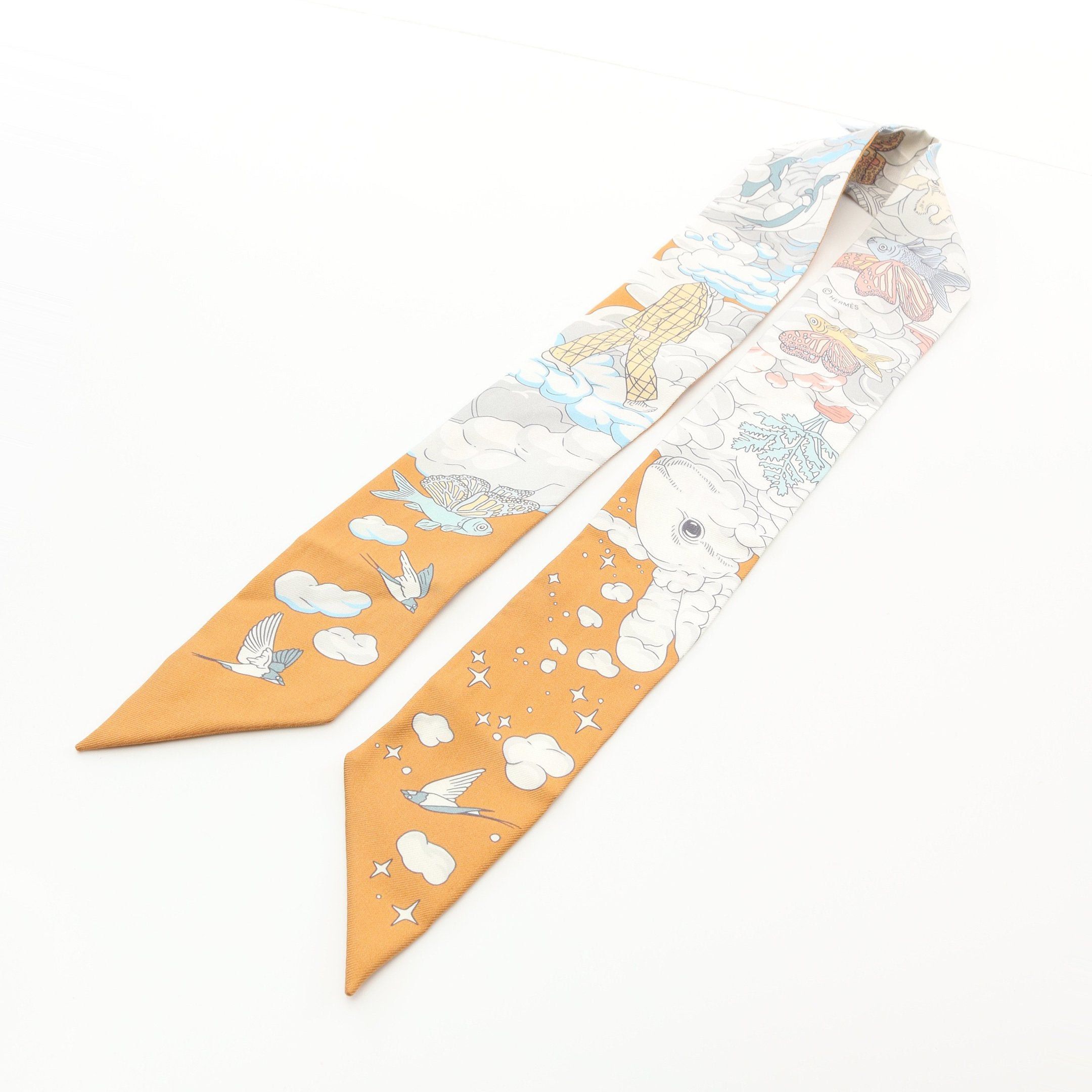 Hermes Hermes Twilly Sur Mon Nuage Ribbon Scarf Silk Light Brown Multicolor Size ONE SIZE - 7 Thumbnail