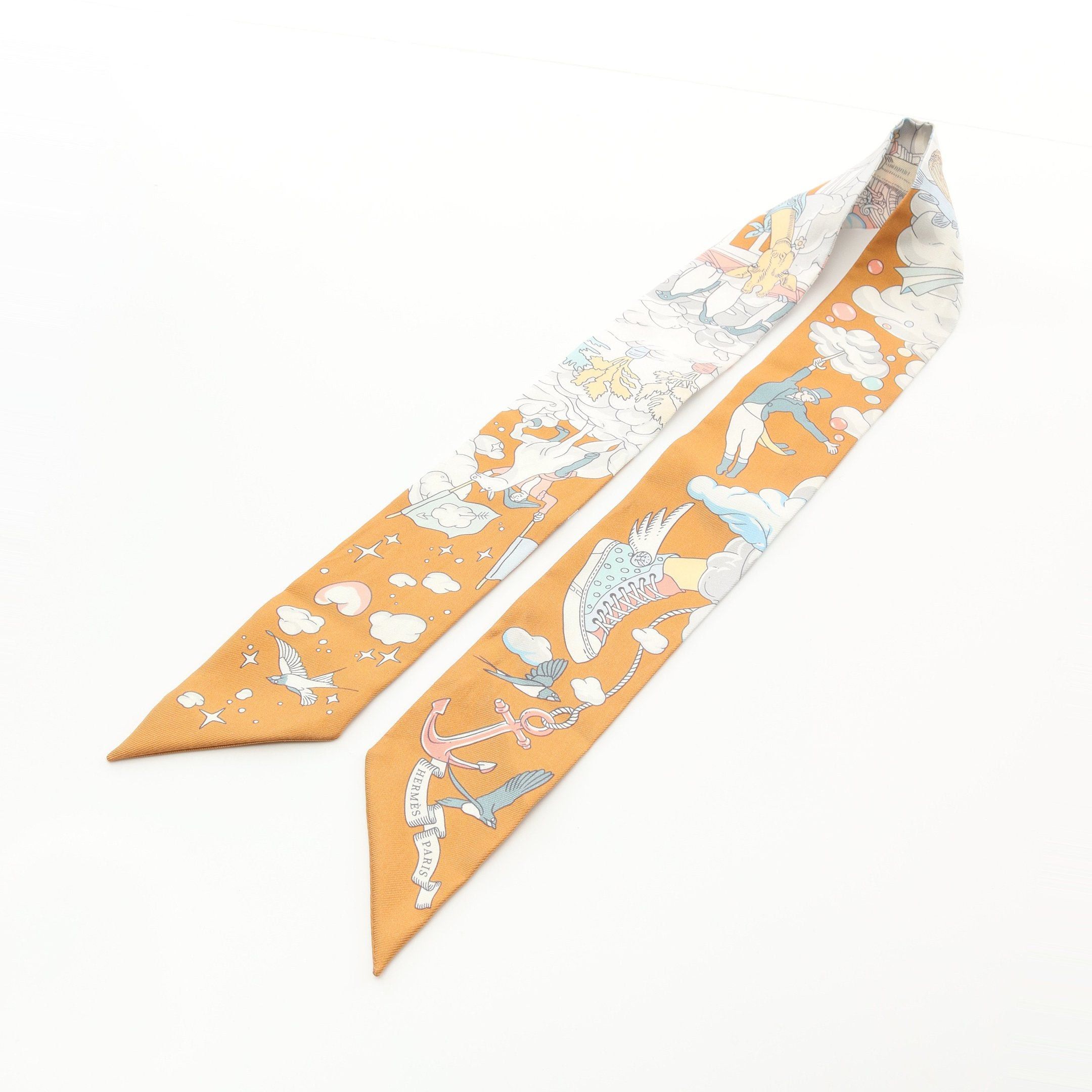 Hermes Hermes Twilly Sur Mon Nuage Ribbon Scarf Silk Light Brown Multicolor Size ONE SIZE - 6 Thumbnail