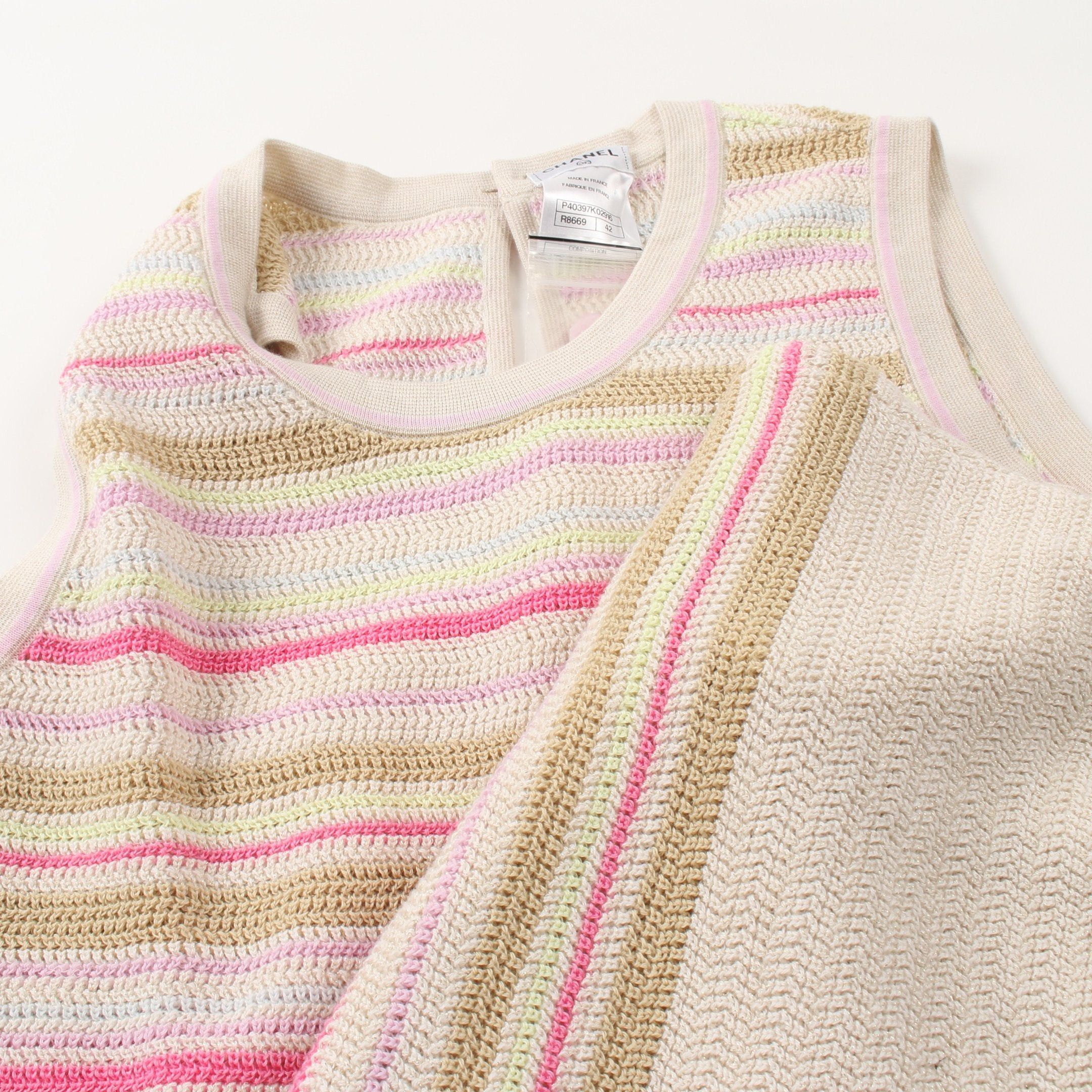 Chanel Chanel Knit Dress No Sleeve Stripes Cotton Rayon Cashmere Ivory Pink Multicolor 11C Size ONE SIZE - 10 Thumbnail