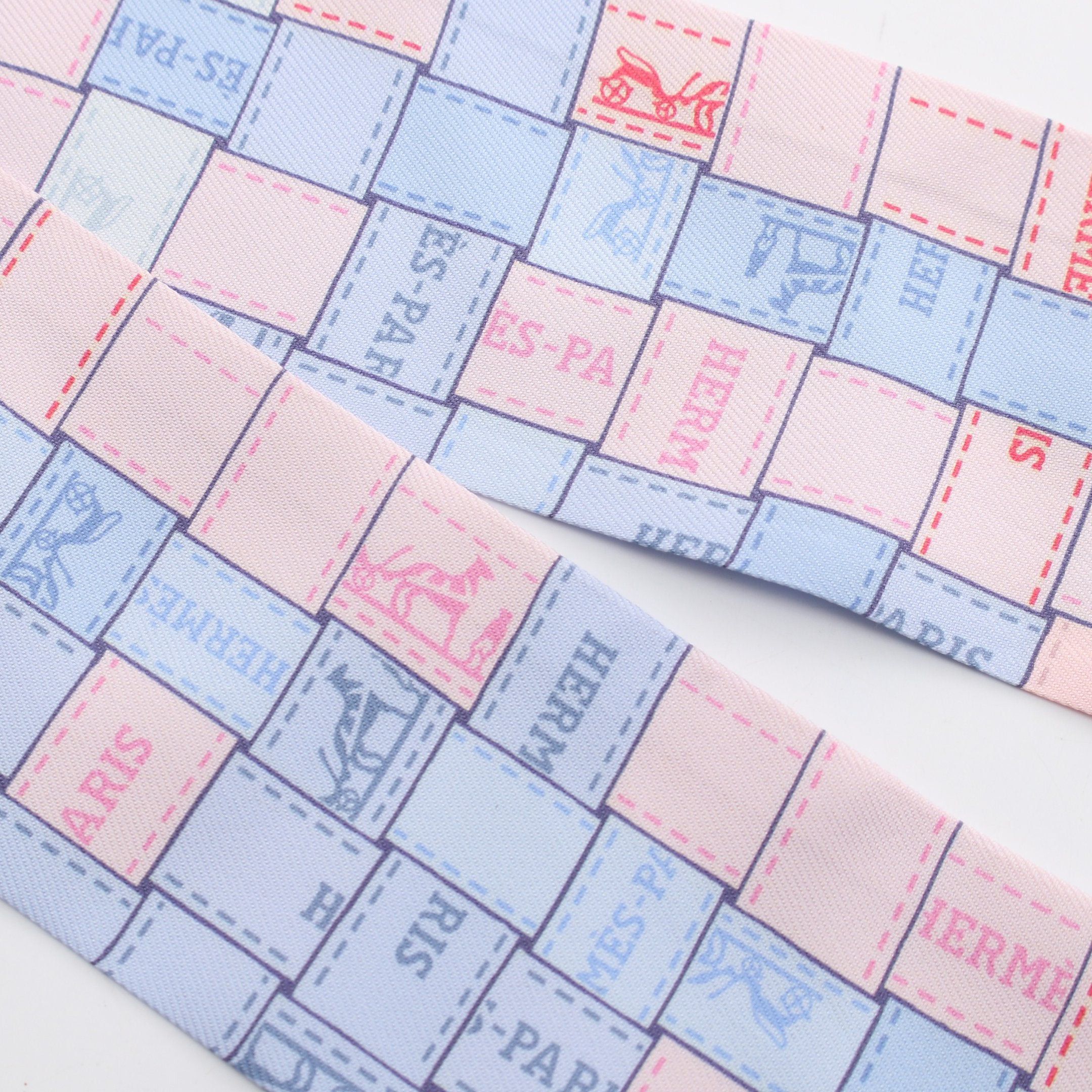 Hermes Hermes Twilly Bolduc Check Ribbon Scarf Silk Light Pink Blue Size ONE SIZE - 4 Thumbnail