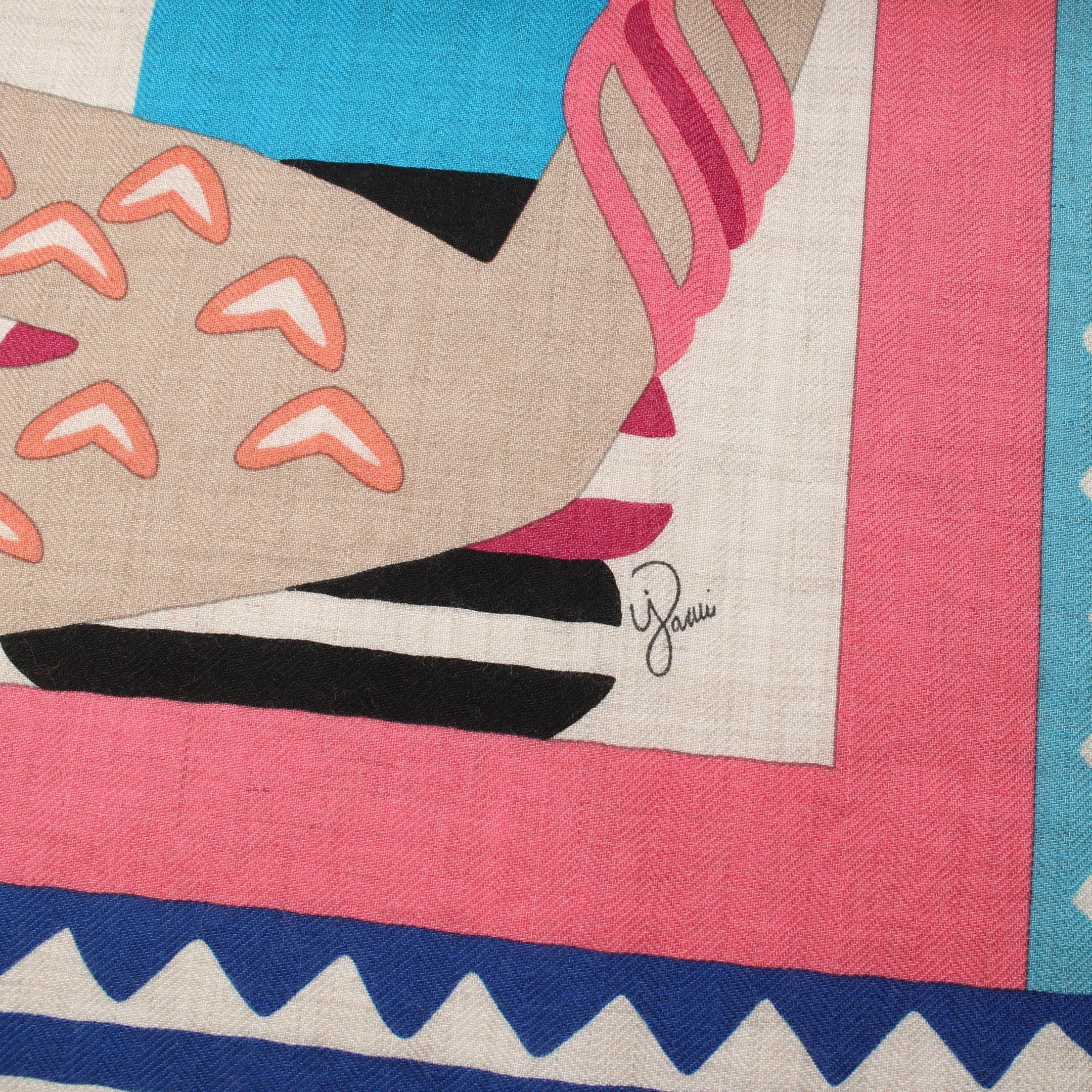 Hermes Hermes Carréjean Carres 140 Fantaisie Rose Bonbon Natural Blue Scarf Shawl Cashmere Silk Pink Multicolor Size ONE SIZE - 5 Thumbnail