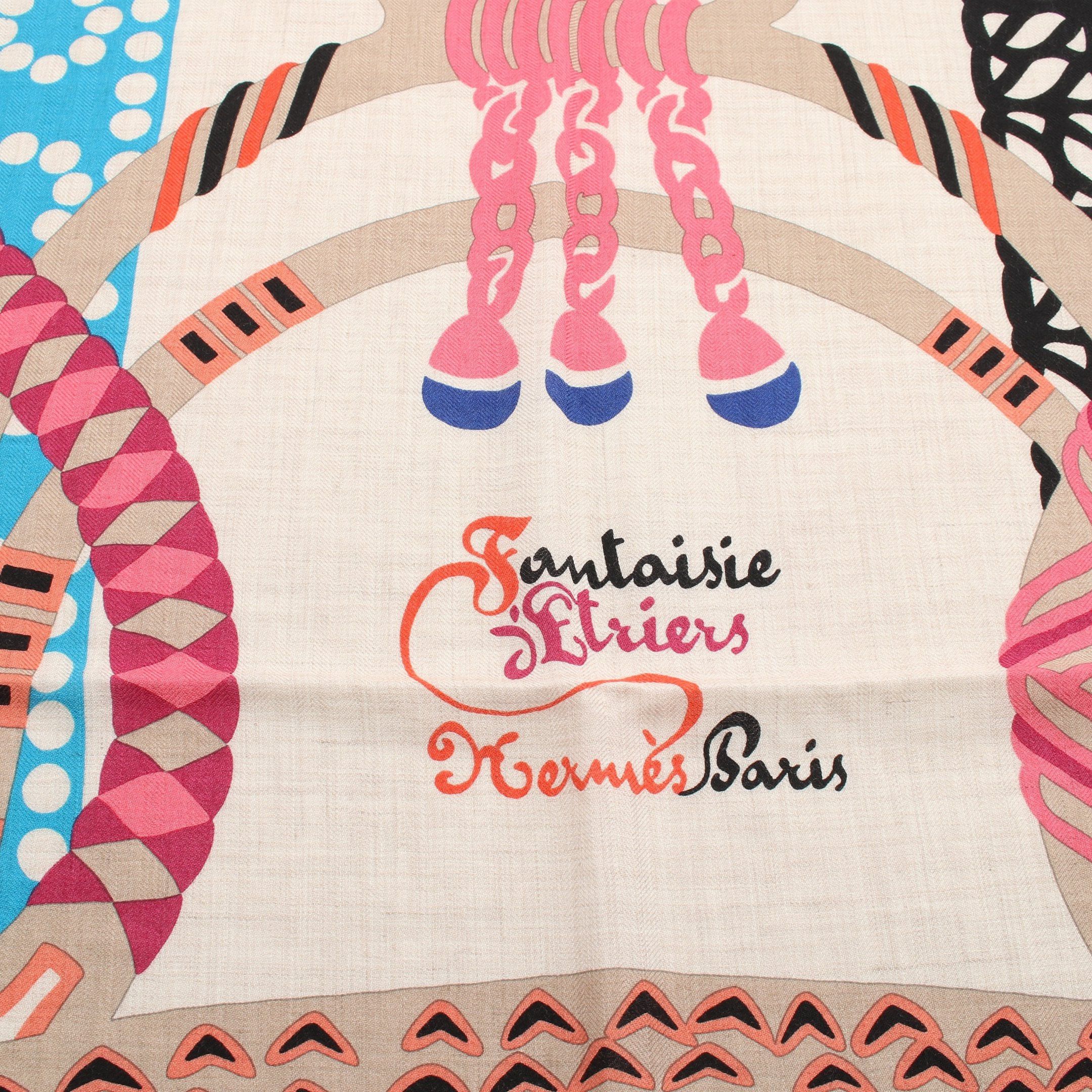 Hermes Hermes Carréjean Carres 140 Fantaisie Rose Bonbon Natural Blue Scarf Shawl Cashmere Silk Pink Multicolor Size ONE SIZE - 4 Thumbnail