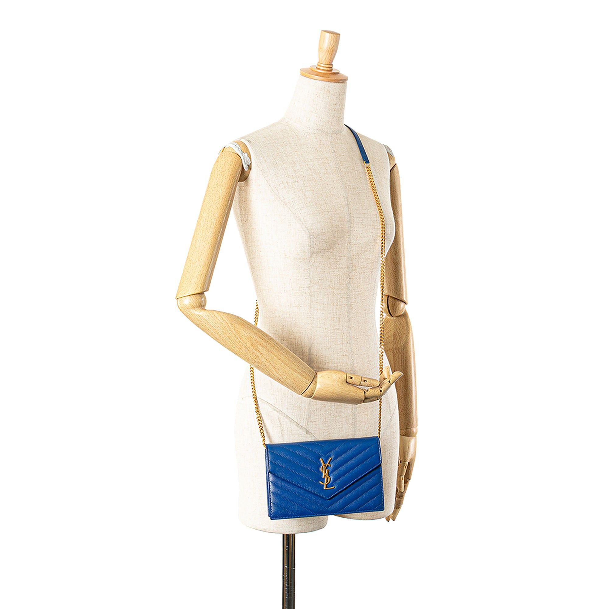 Saint Laurent Paris Saint Laurent Grain De Poudre Matelasse Chevron Monogram Chain Wallet Blue Size ONE SIZE - 12 Thumbnail