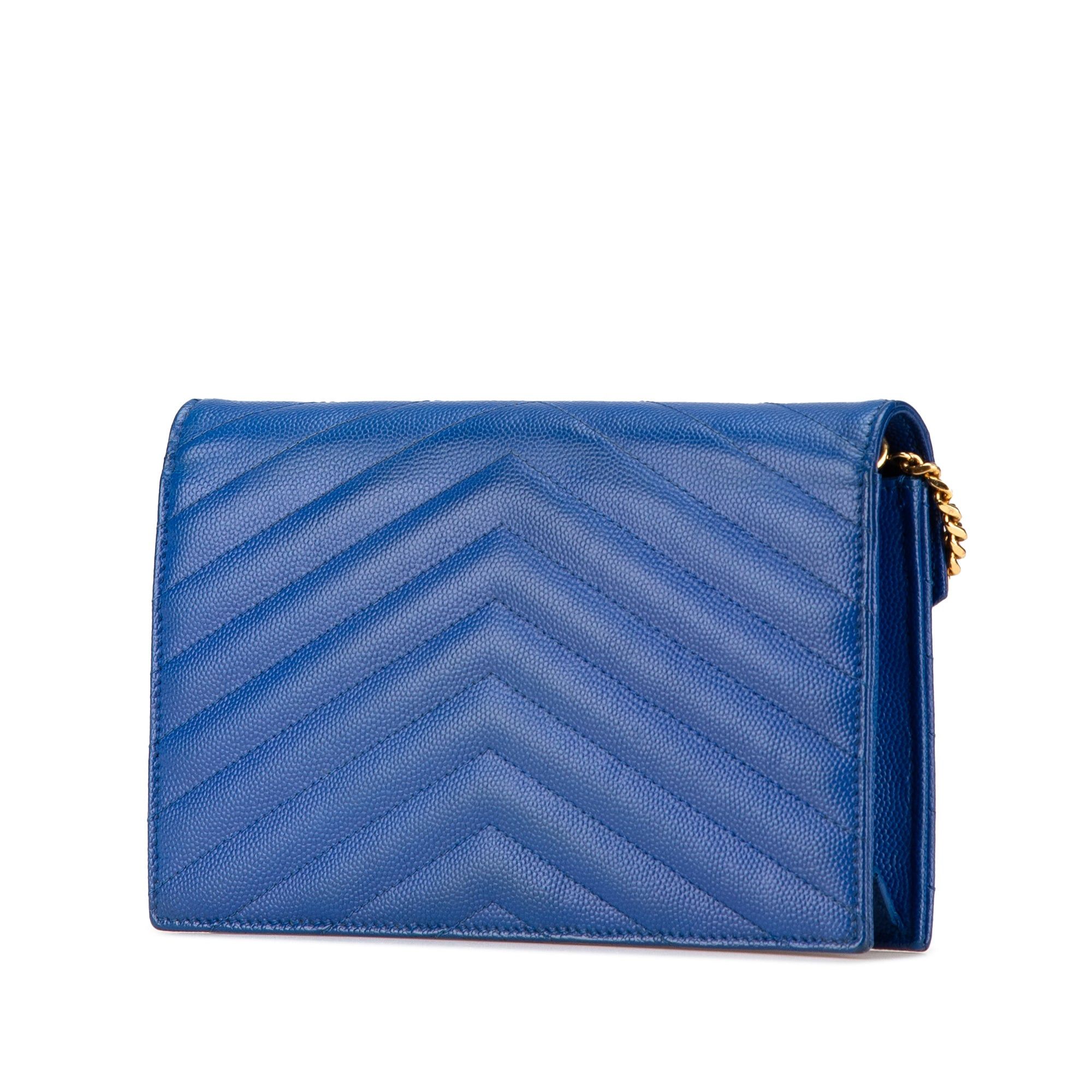 Saint Laurent Paris Saint Laurent Grain De Poudre Matelasse Chevron Monogram Chain Wallet Blue Size ONE SIZE - 2 Thumbnail
