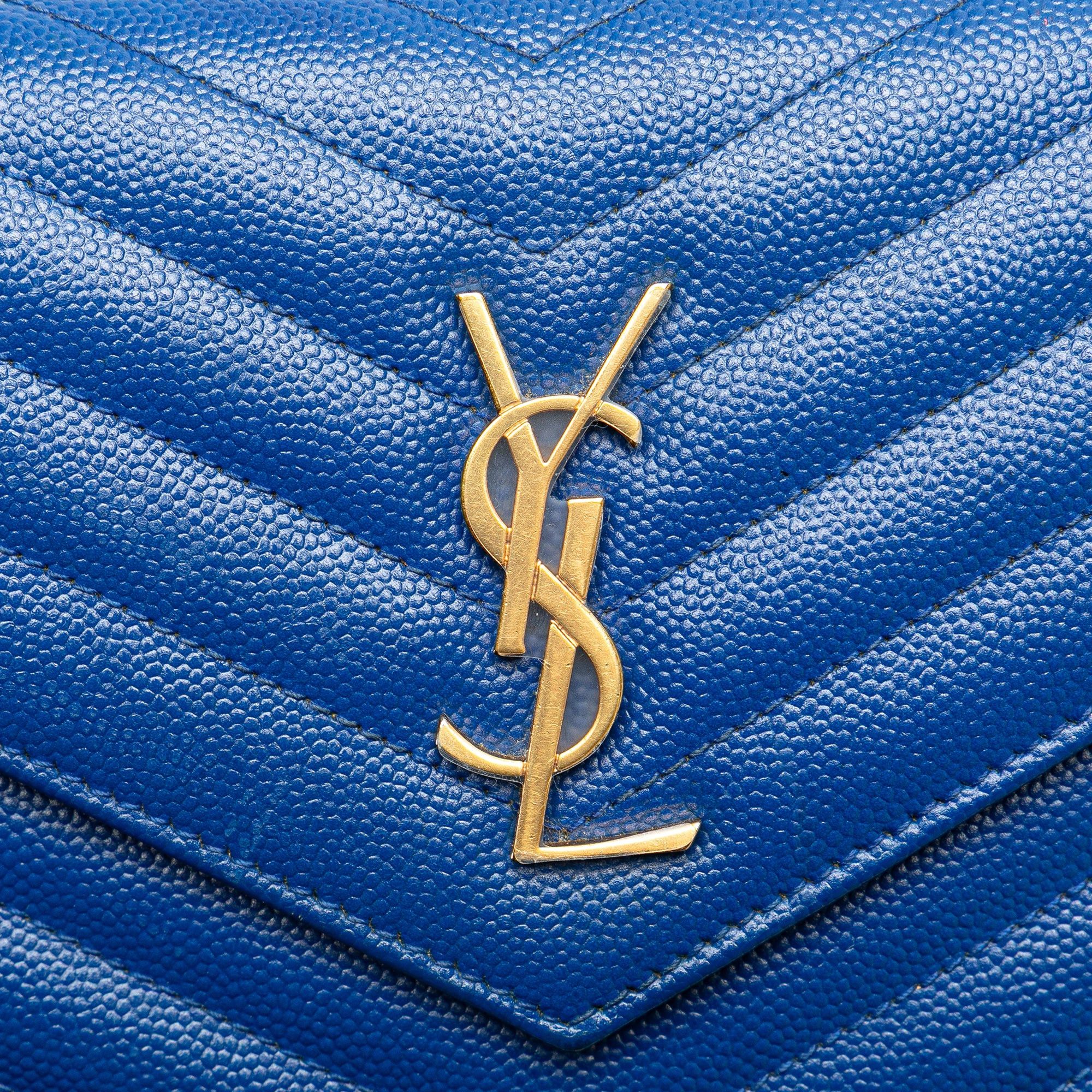 Saint Laurent Paris Saint Laurent Grain De Poudre Matelasse Chevron Monogram Chain Wallet Blue Size ONE SIZE - 8 Thumbnail