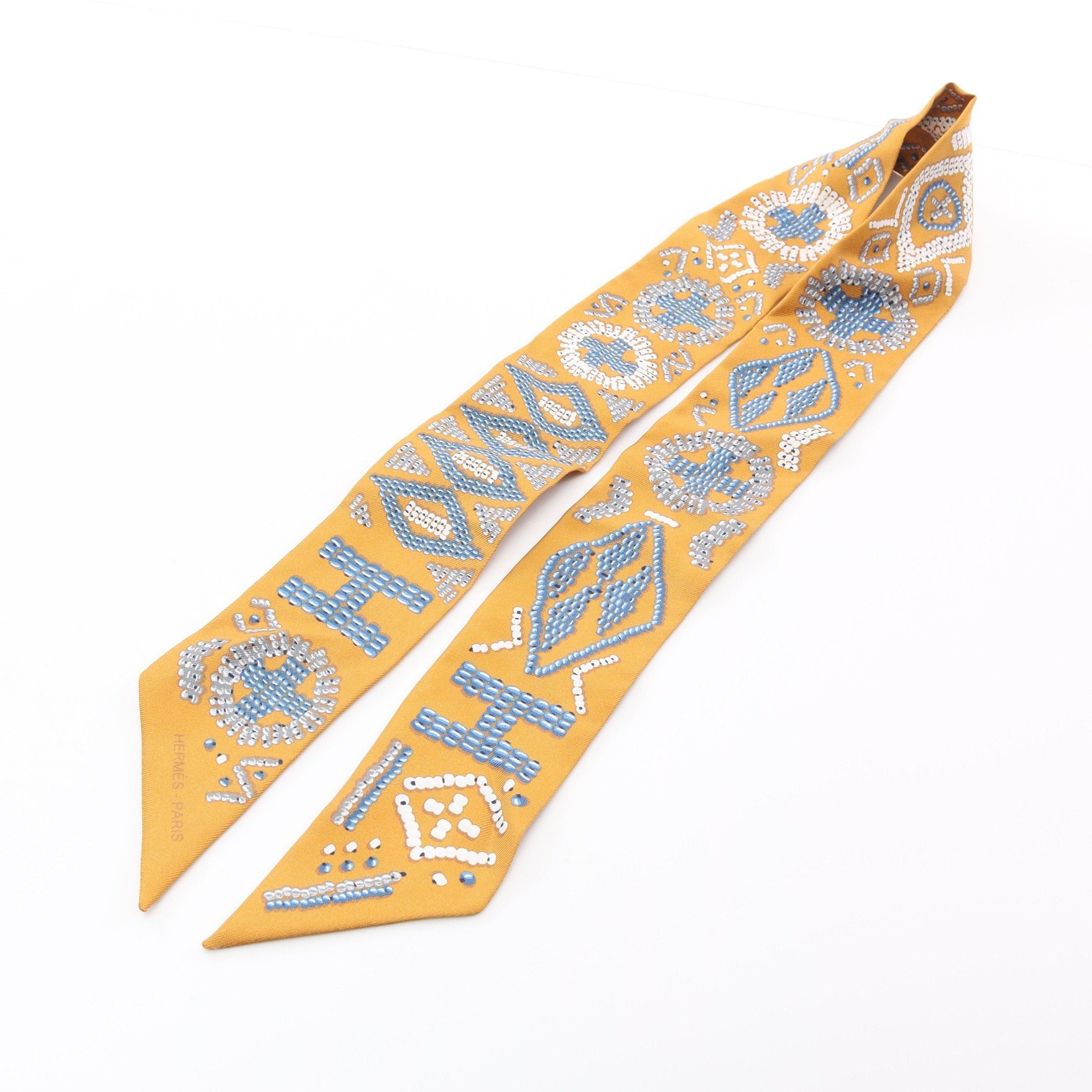 Hermes Hermes Twilly Kelly En Perles Ribbon Scarf Silk Yellow Brown Multicolor Size ONE SIZE - 5 Thumbnail