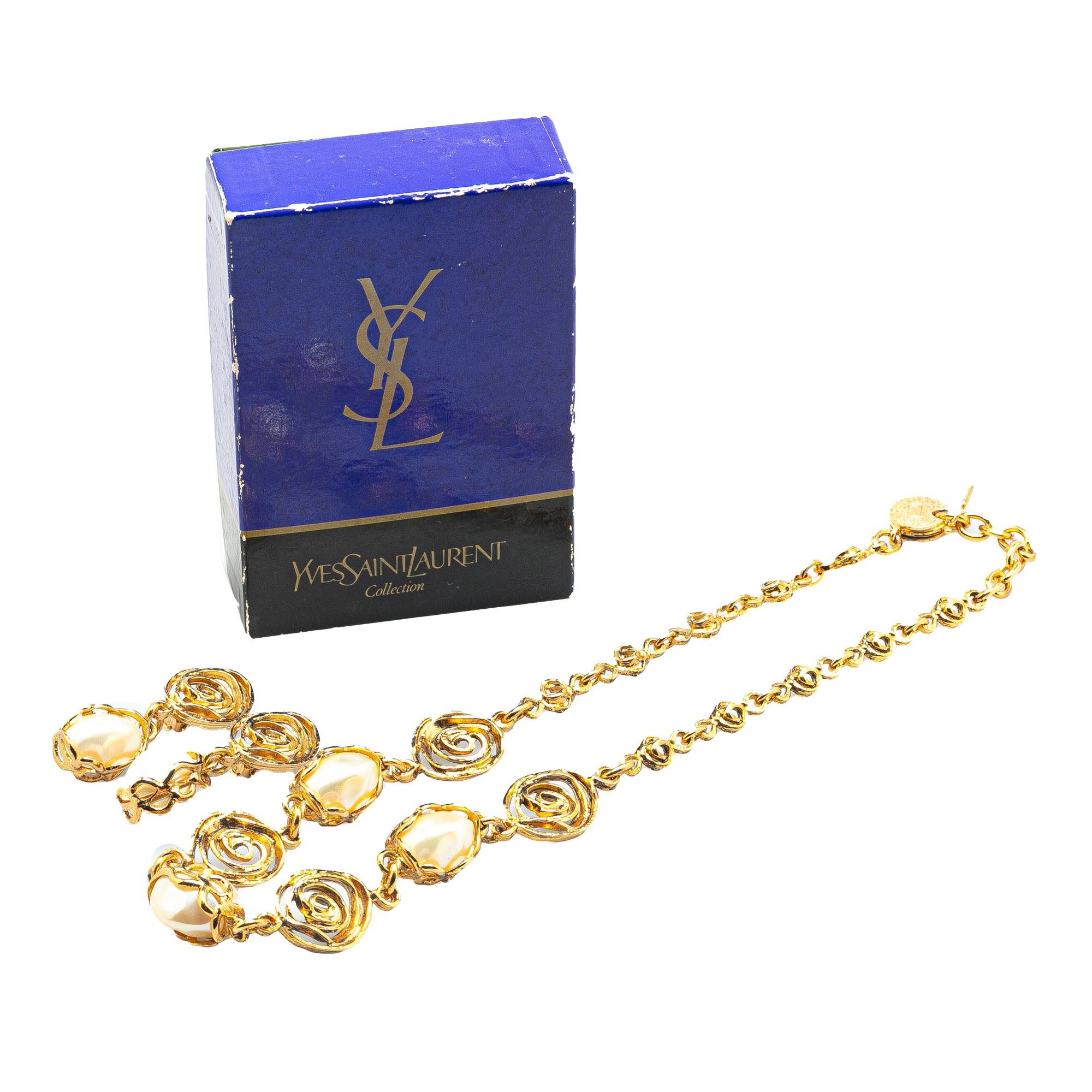 Yves Saint Laurent Yves Saint Laurent Gold Plated Faux Pearl Necklace and Earrings Set Gold Size ONE SIZE - 10 Thumbnail