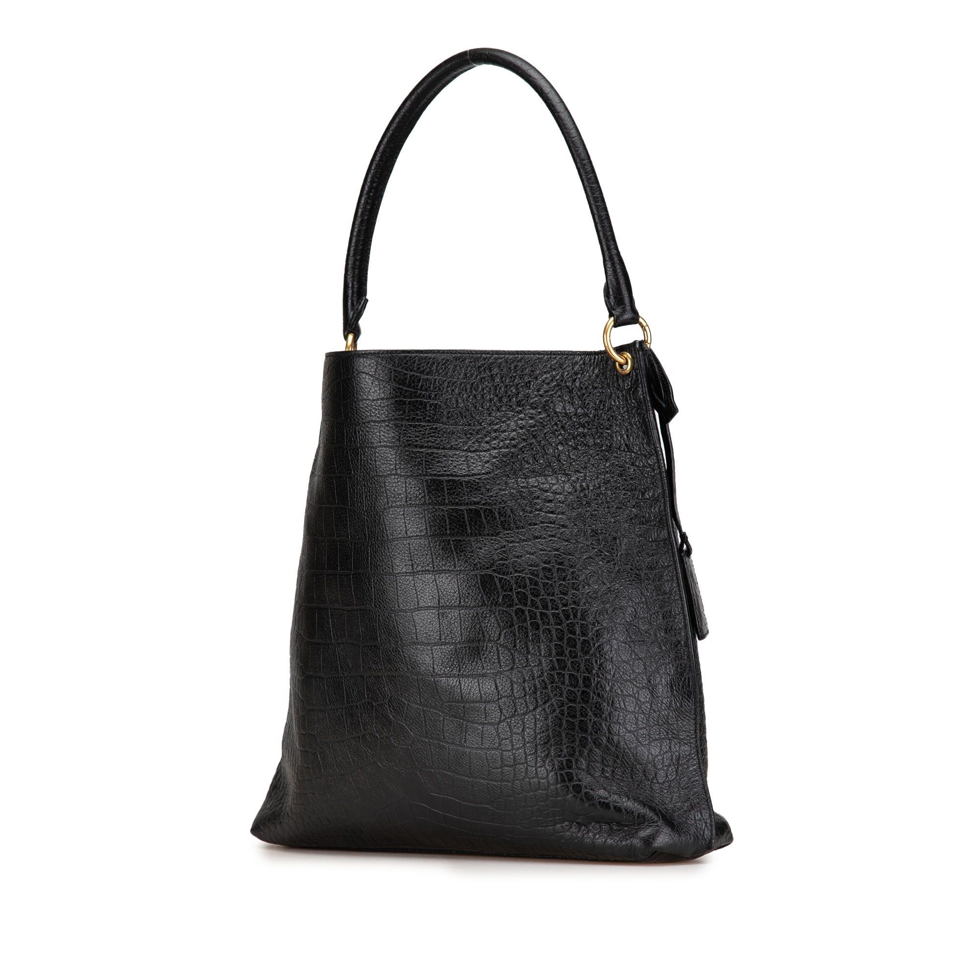 Saint Laurent Paris Saint Laurent Croc Embossed Leather Tag Hobo Bag Black Size ONE SIZE - 2 Thumbnail