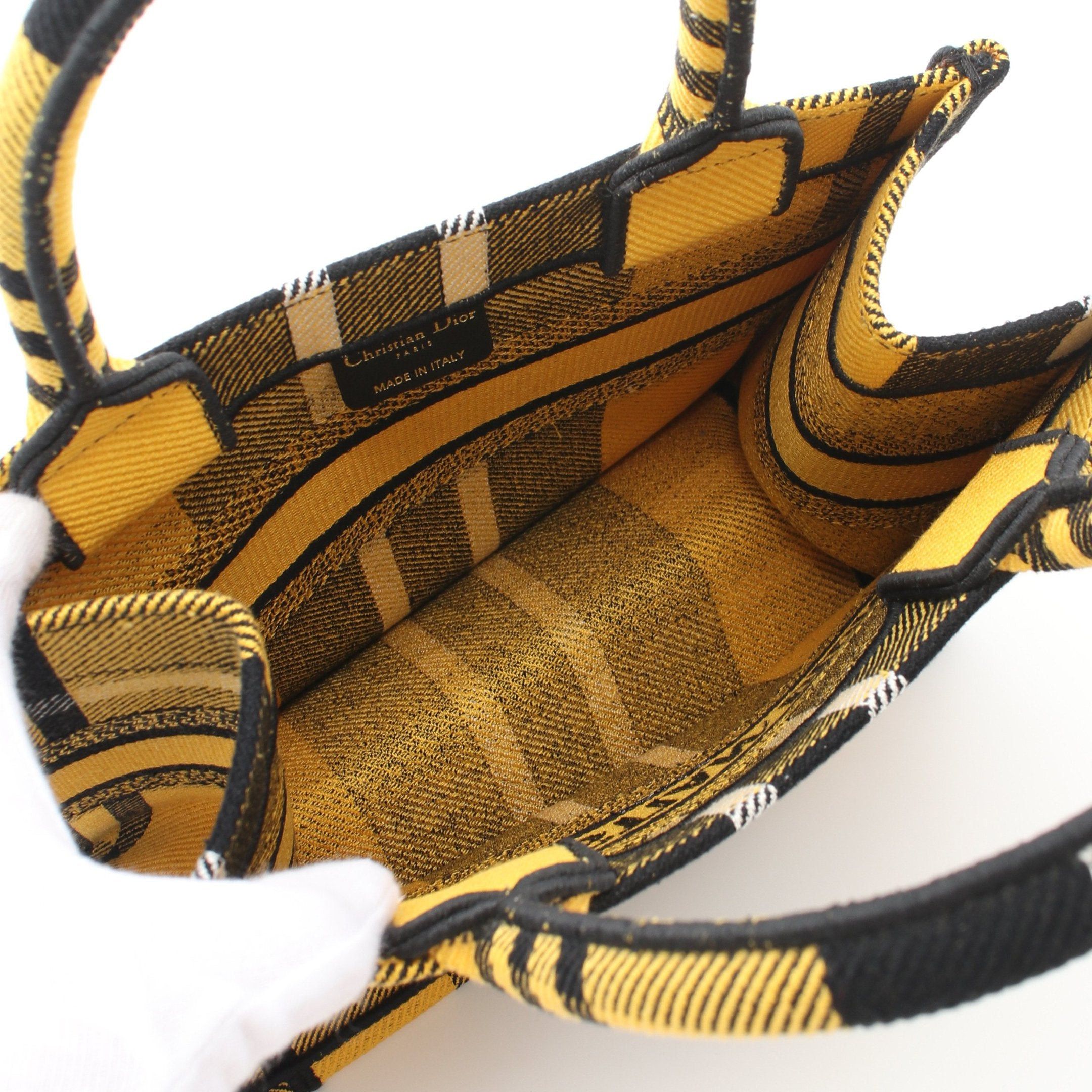 Dior Book Tote Small Handbag Bag Check Canvas Yellow Black White