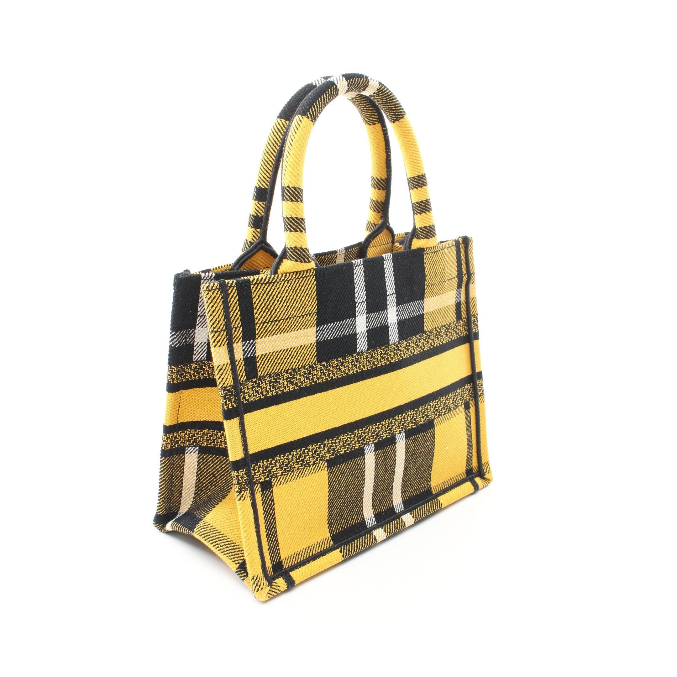 Dior Book Tote Small Handbag Bag Check Canvas Yellow Black White