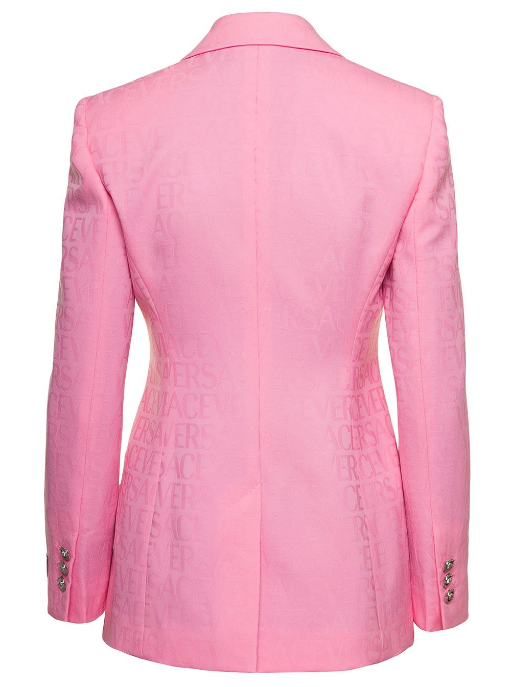 Versace Pink Single-Breasted Jacket with All-Over Tonal Logo Lettering Print in Wool Woman Size M / US 6-8 / IT 42-44 - 2 Thumbnail