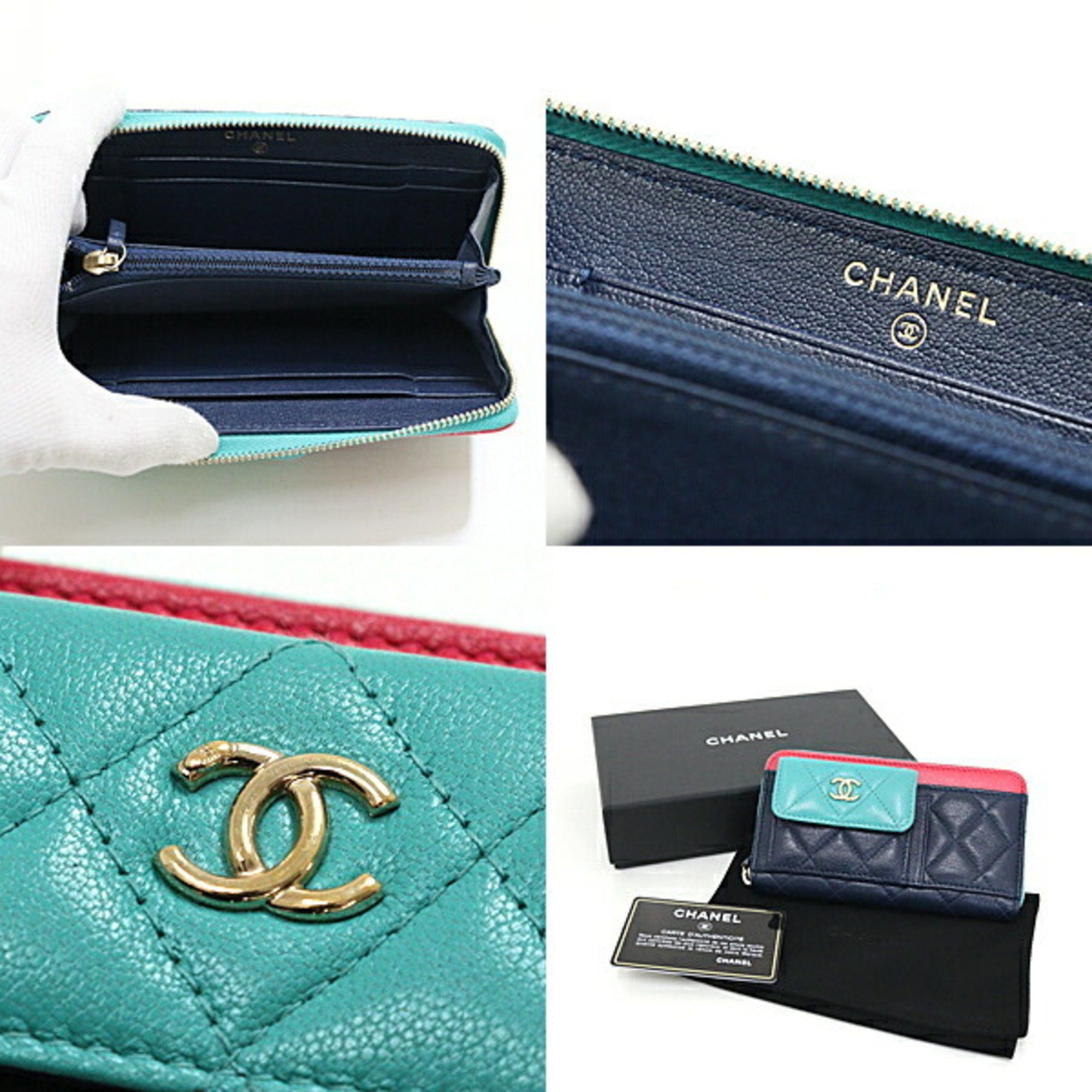 Chanel Chanel Matelasse Zip Wallet Goatskin Navy/Green/Pink AP1140 29 Series Size ONE SIZE - 3 Thumbnail