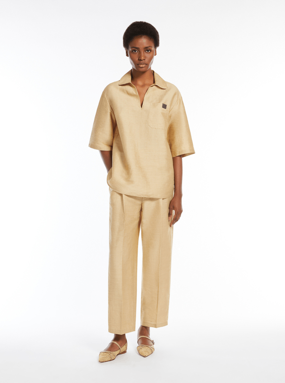 Max Mara 'Osiride' White Shirt with V-Neck and Logo Patch on the Front in Linen and Silk Blend Woman Size M / US 6-8 / IT 42-44 - 4 Thumbnail
