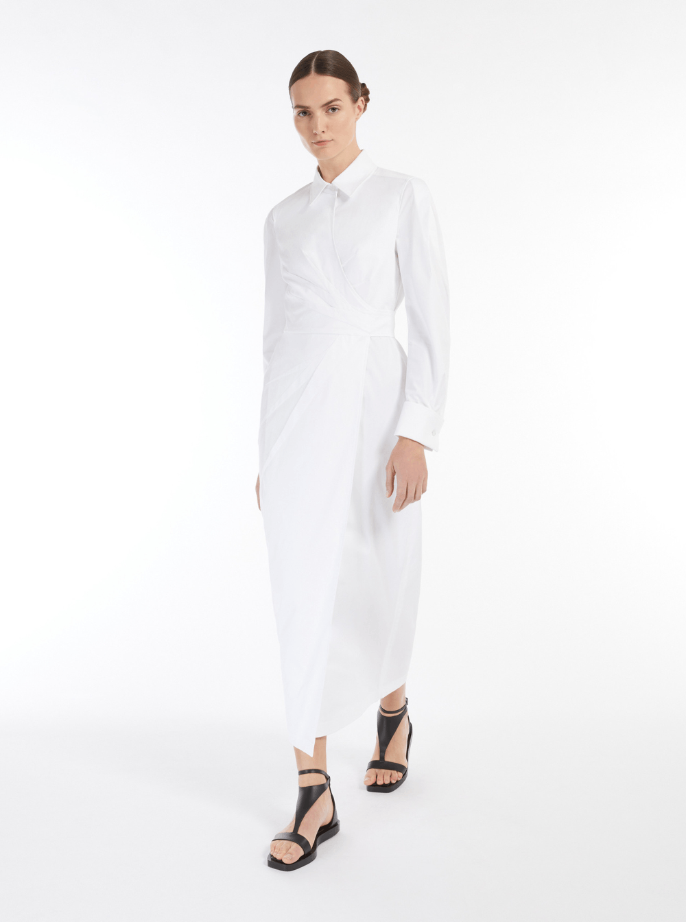 Max Mara 'Balzac' White Long Dress with Asymmetrical Pence Sewn at the Waist in Cotton Twill Woman Size M / US 6-8 / IT 42-44 - 4 Thumbnail