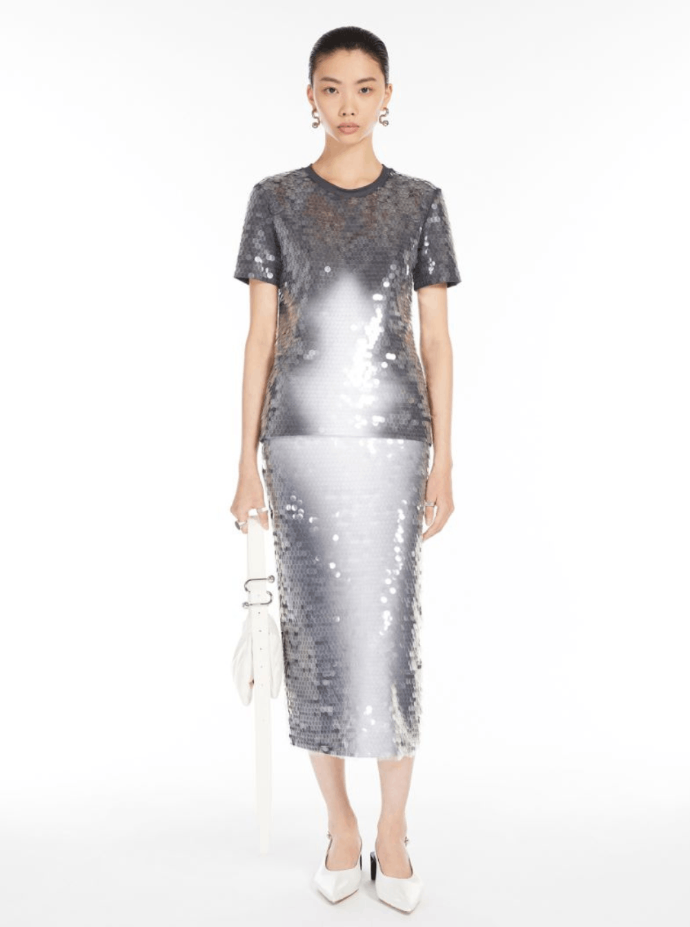 Sportmax Grey T-Shirt with All-Over Applied Sequins in Tech Fabric Woman Size S / US 4 / IT 40 - 4 Thumbnail