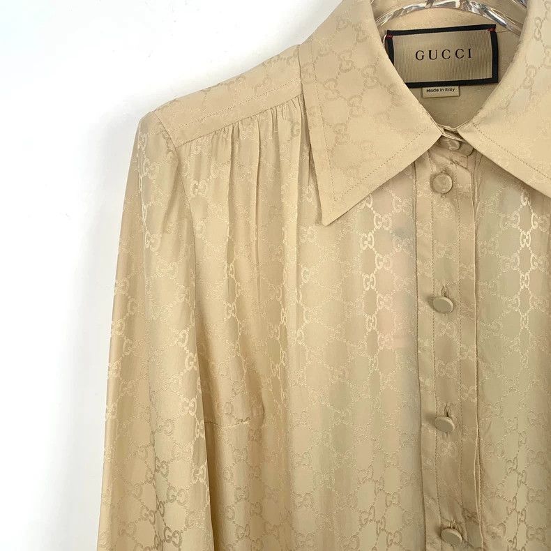 Gucci Khaki Logo Silk Long Sleeve Shirt-dmc
