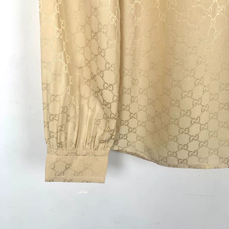Gucci Khaki Logo Silk Long Sleeve Shirt-dmc