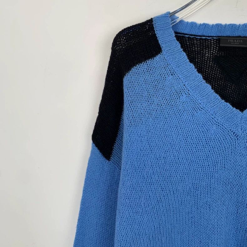 Prada Blue V-Neck Logo Embroidered Sweater-dmc Size US L / EU 52-54 / 3 - 3 Thumbnail