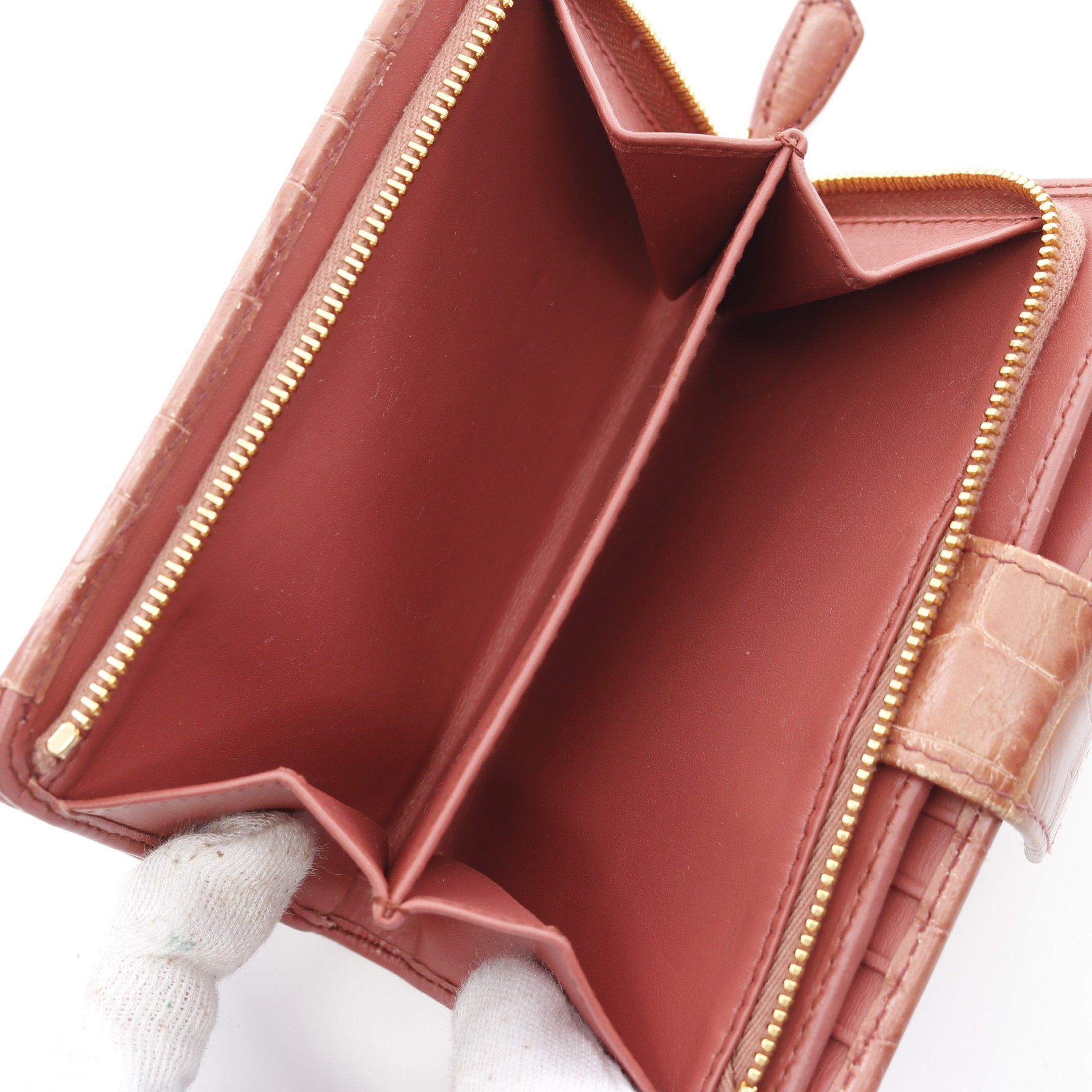 Prada Prada St.Cocco Bi-Fold Wallet Croc Embossed Leather Pink Brown Size ONE SIZE - 6 Thumbnail