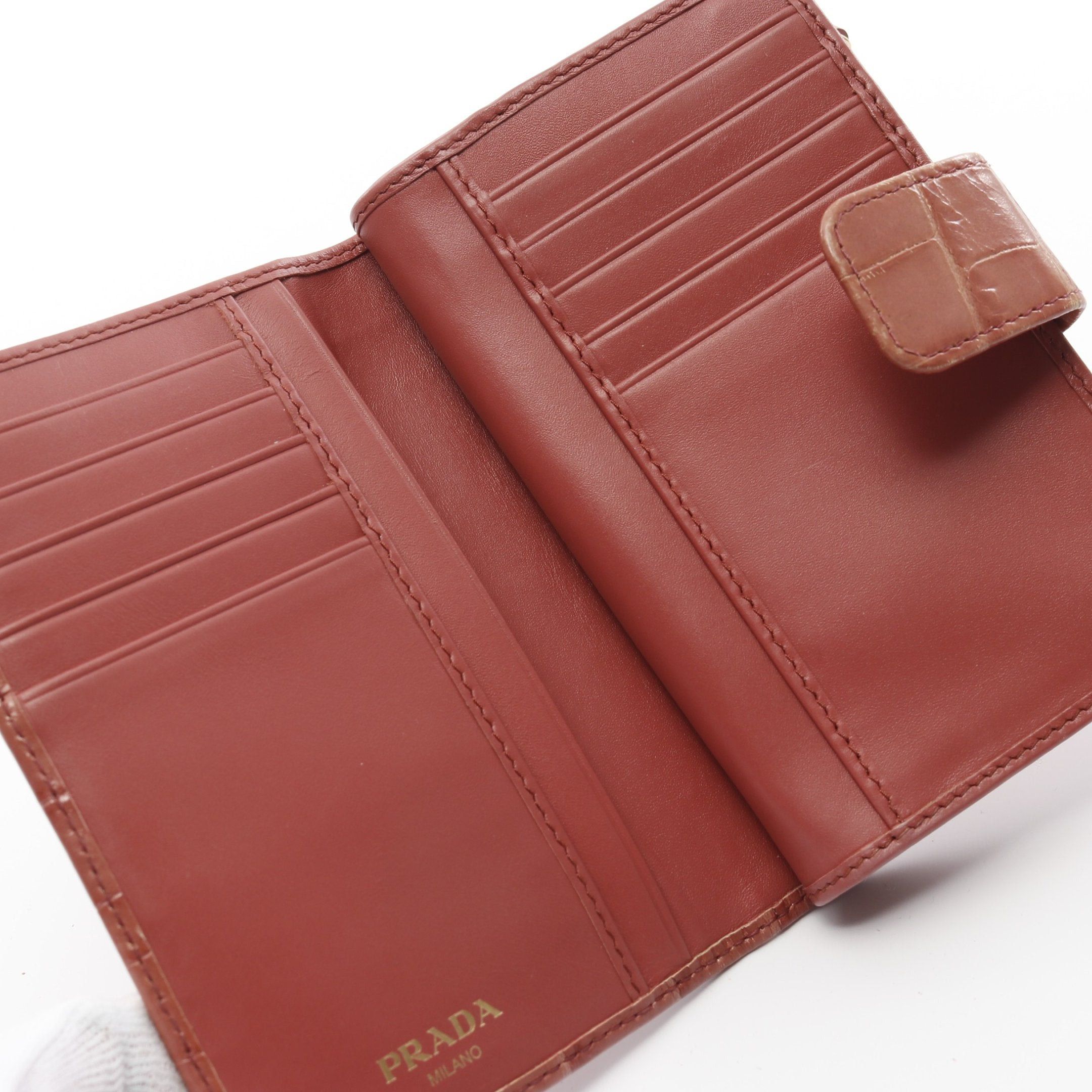 Prada Prada St.Cocco Bi-Fold Wallet Croc Embossed Leather Pink Brown Size ONE SIZE - 3 Thumbnail