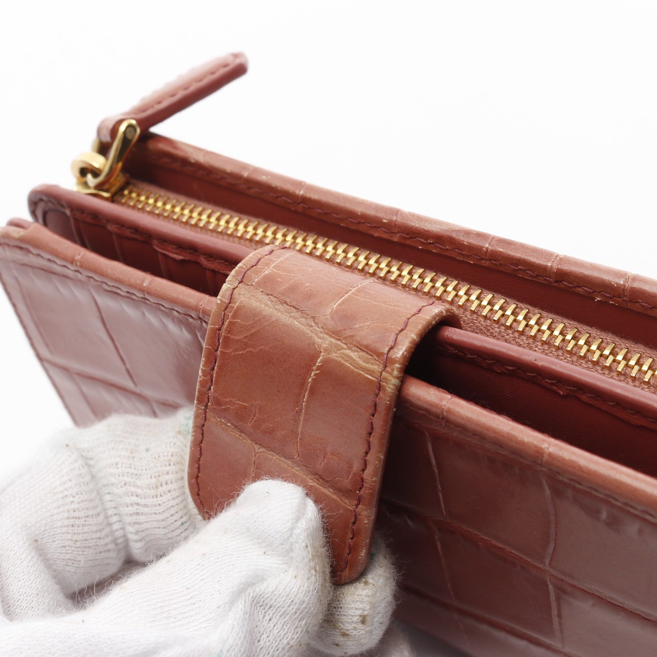 Prada Prada St.Cocco Bi-Fold Wallet Croc Embossed Leather Pink Brown Size ONE SIZE - 5 Thumbnail