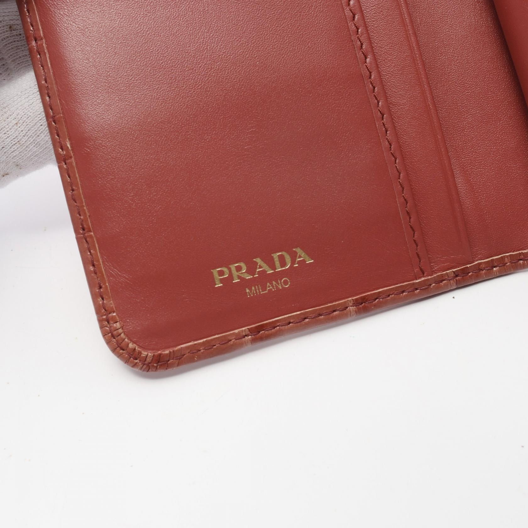 Prada Prada St.Cocco Bi-Fold Wallet Croc Embossed Leather Pink Brown Size ONE SIZE - 4 Thumbnail