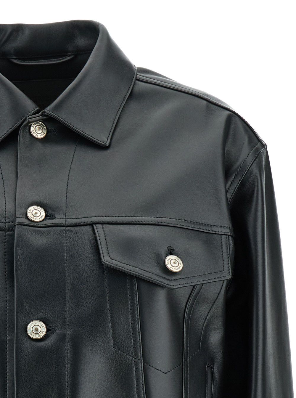 Balenciaga Black Cropped Jacket with SIlver-Tone Branded Buttons in Super Smooth Leather Woman Size M / US 6-8 / IT 42-44 - 3 Thumbnail
