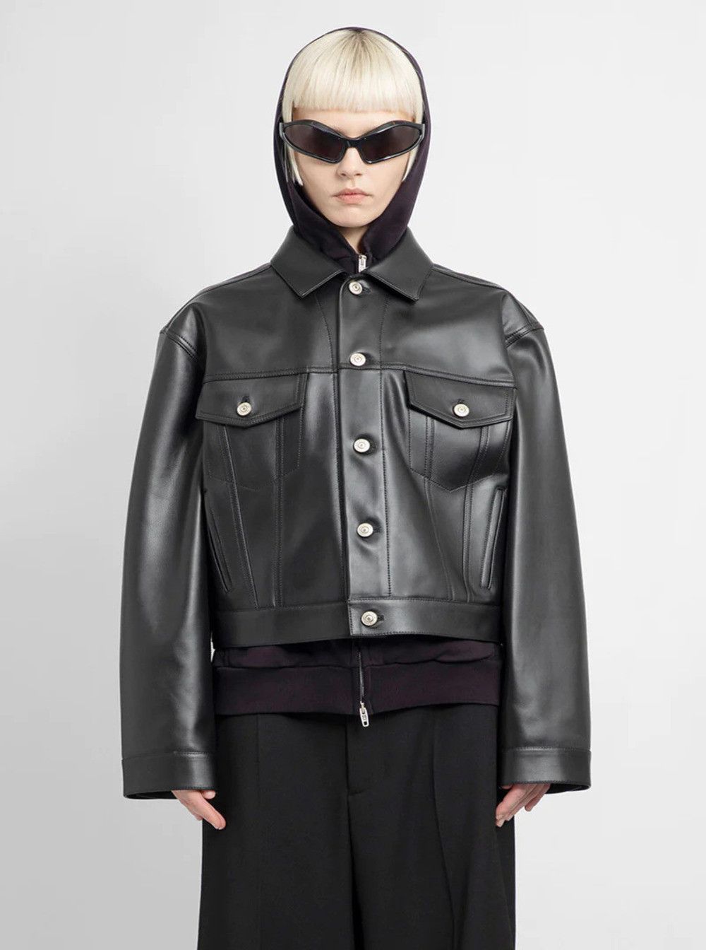 Balenciaga Black Cropped Jacket with SIlver-Tone Branded Buttons in Super Smooth Leather Woman Size M / US 6-8 / IT 42-44 - 4 Thumbnail