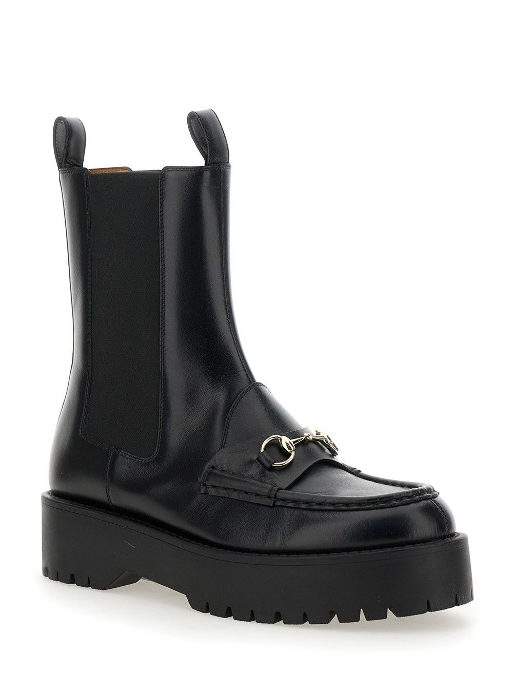 Gucci Black Ankle Boots with Horsebit and Lug Sole in Leather Woman Size US 8 / IT 38 - 2 Thumbnail