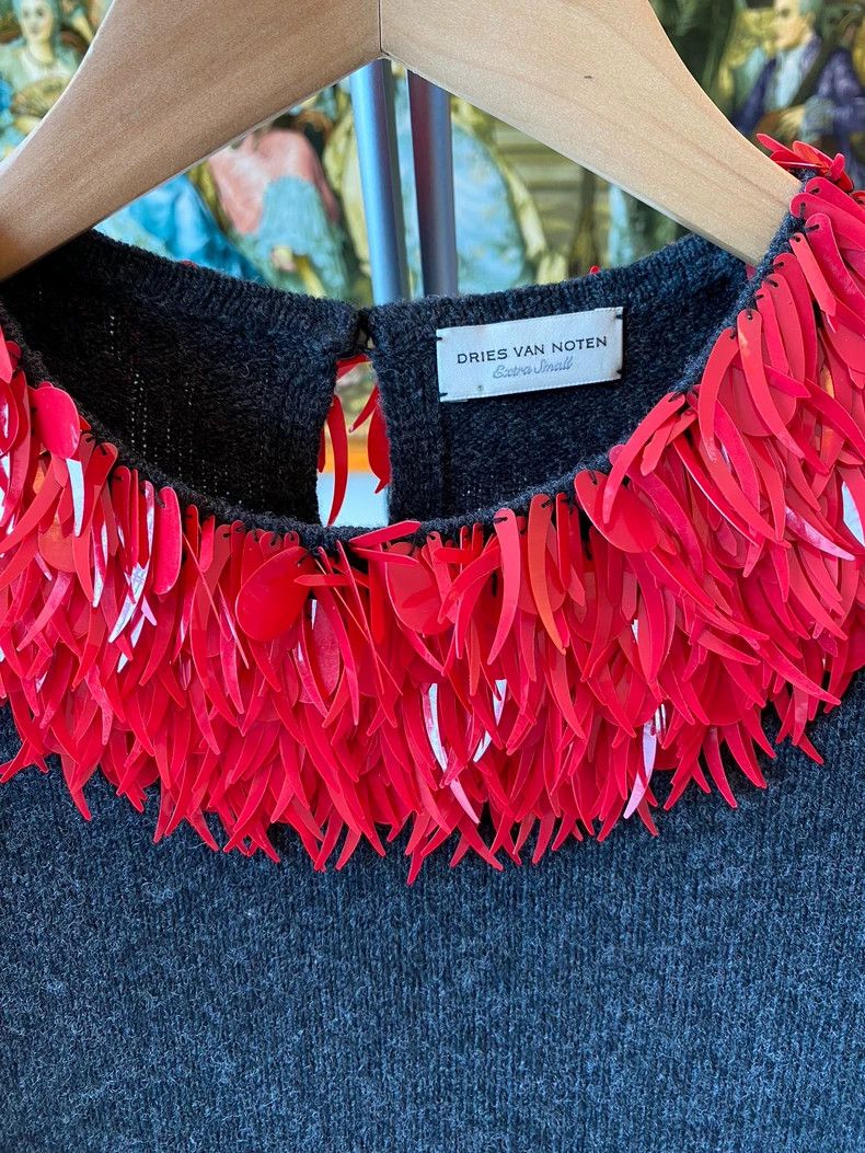 Dries Van Noten Unique Black Knit Top with Red Collar-dmc Size US M / EU 48-50 / 2 - 3 Thumbnail