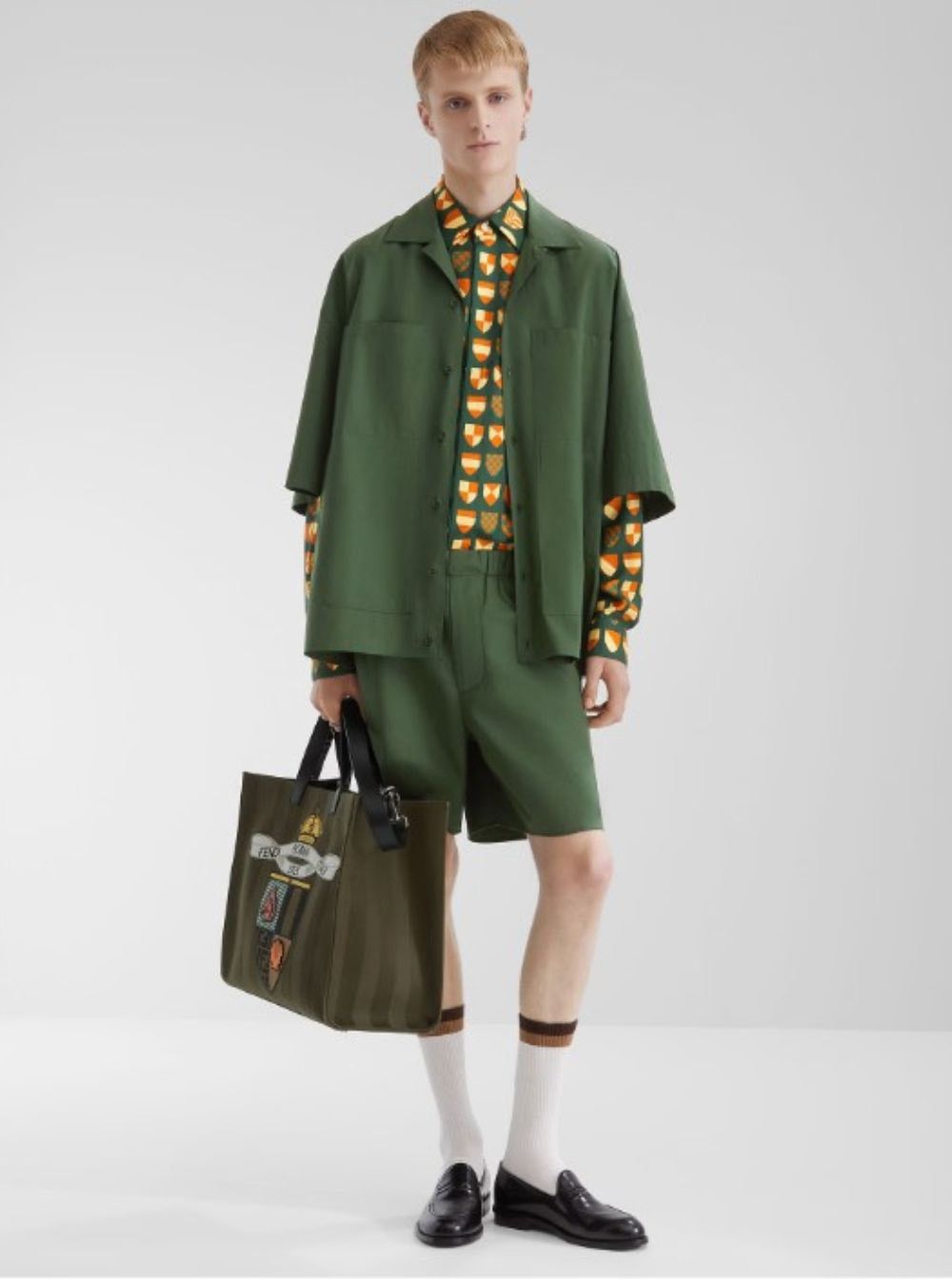 Fendi Green Shopper with Vertical Stripes Motif and Fendi Club Patch on the Front in Canvas Man Size ONE SIZE - 6 Thumbnail