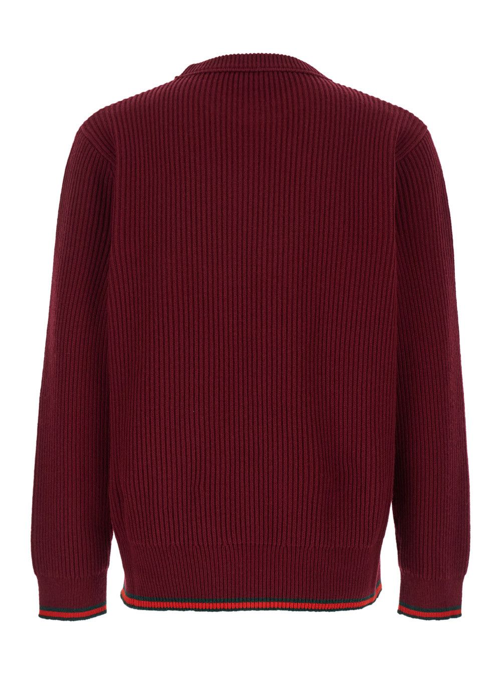 Gucci Red Crewneck Sweater with Web Detail in Ribbed Wool Blend Man Size US M / EU 48-50 / 2 - 2 Thumbnail