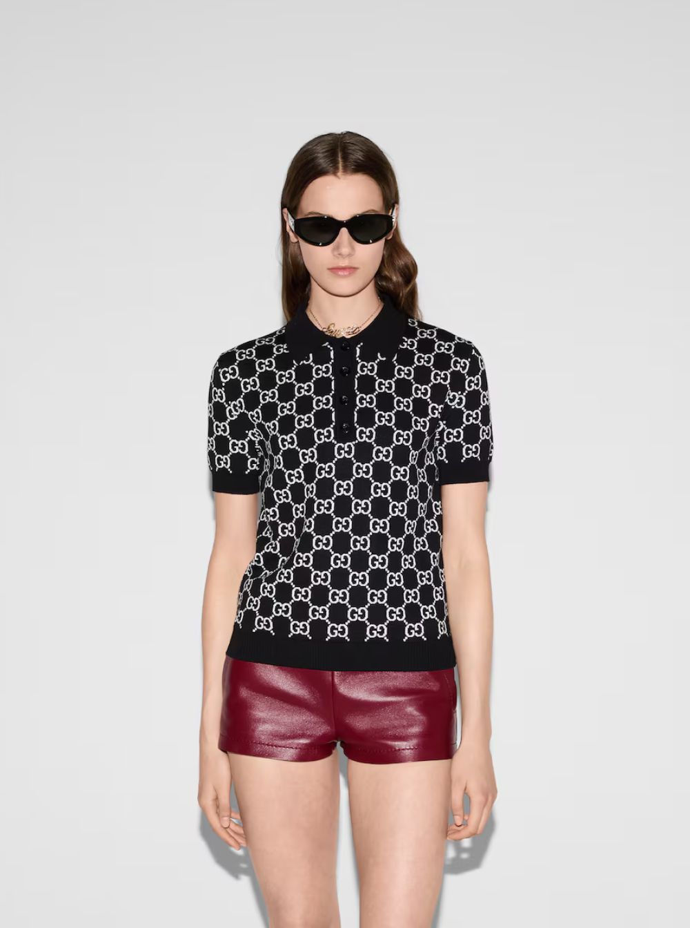 Gucci Black Polo Shirt with Ribbed Trims in GG Canvas Woman Size M / US 6-8 / IT 42-44 - 4 Thumbnail