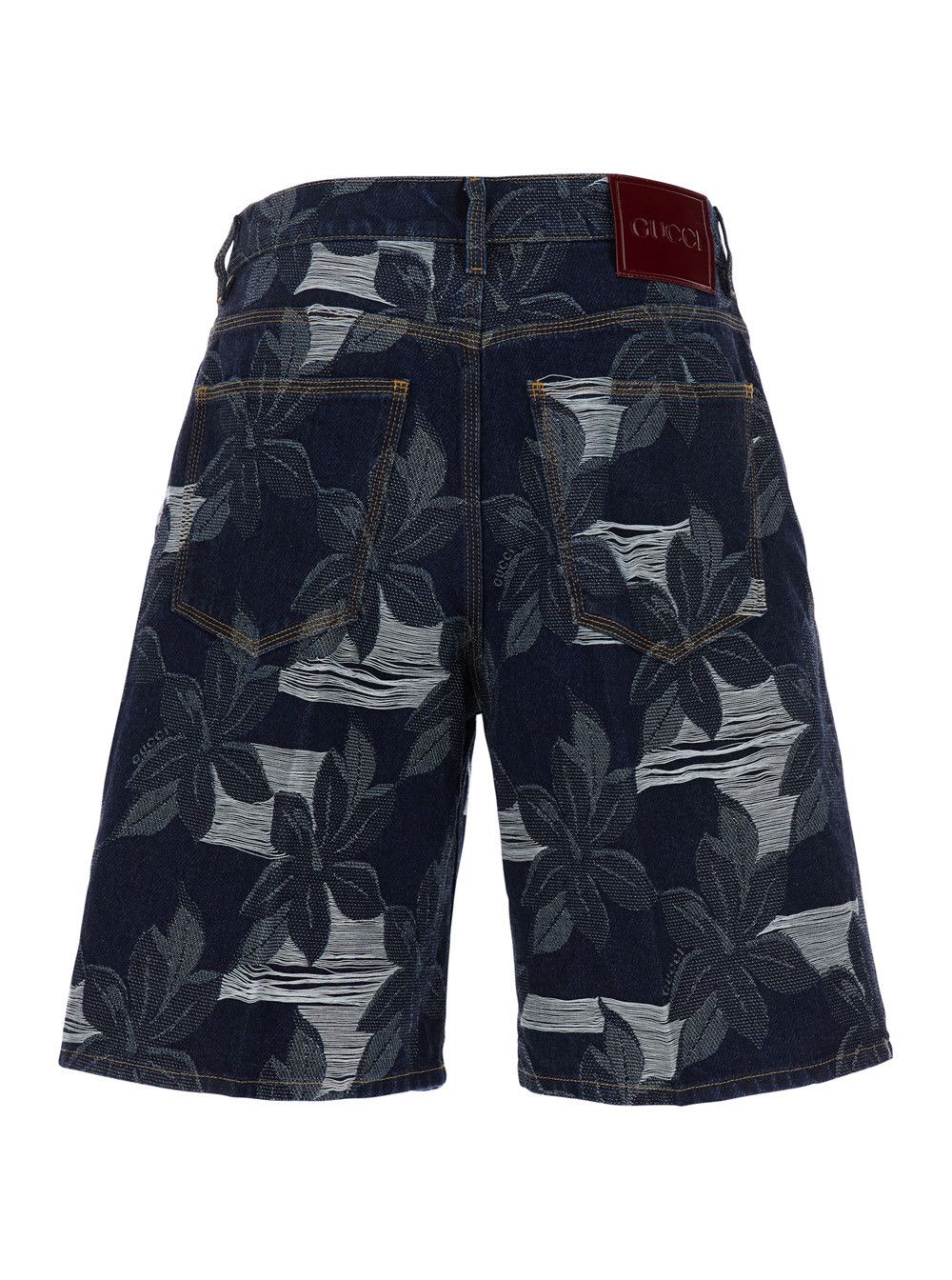 Blue Bermuda Shorts with All-Over Floral Embroidery and Logo Patch on the Back in Denim Man