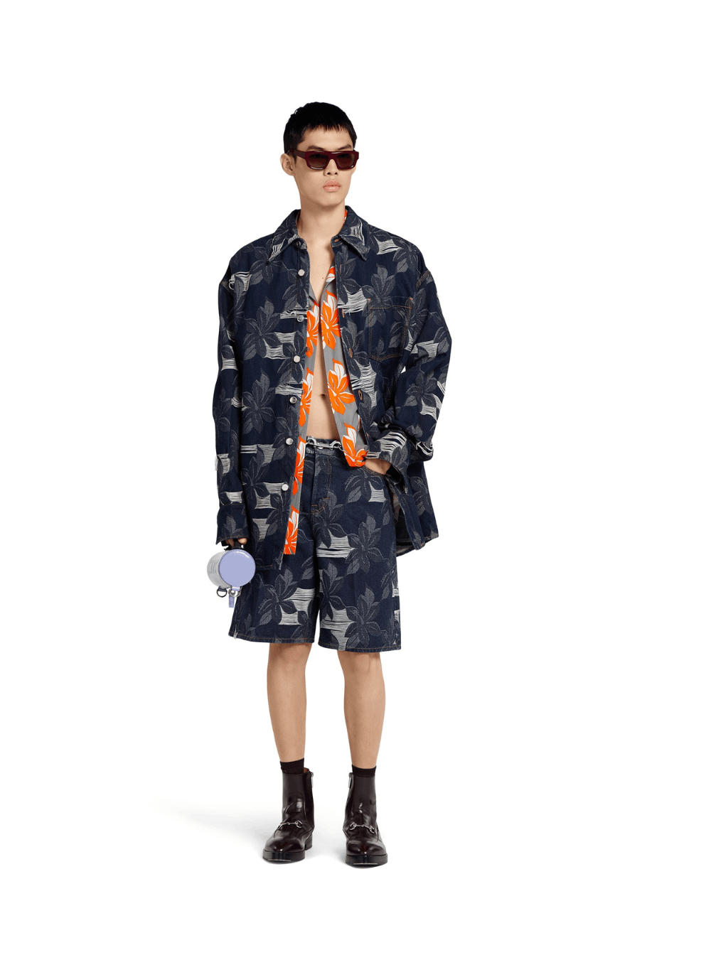 Blue Bermuda Shorts with All-Over Floral Embroidery and Logo Patch on the Back in Denim Man