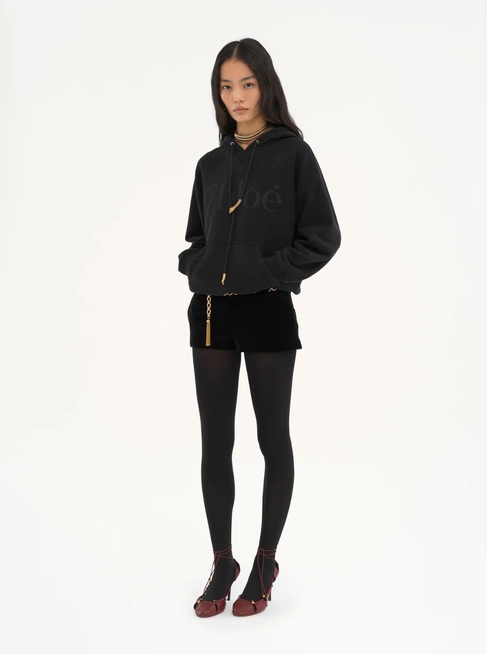 Chloe Black Hoodie with Lettering Logo Printed on the Front and Metallic Pendant Detail in Cotton Woman Size M / US 6-8 / IT 42-44 - 4 Thumbnail
