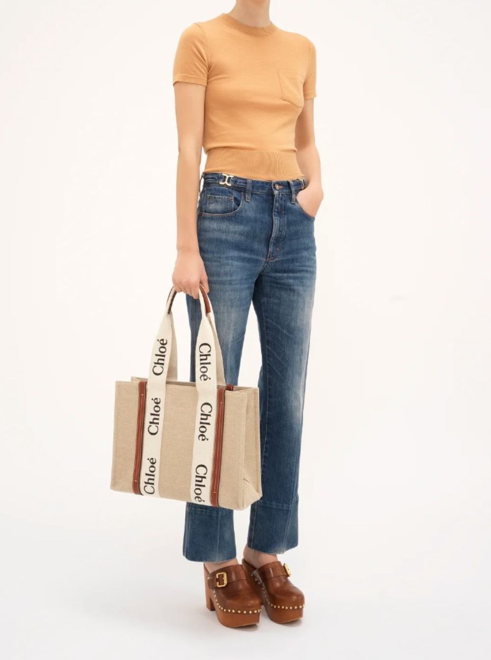 Chloe 'Woody' Beige Medium Handbag with Logo Lettering on the Front in Linen for Women Size ONE SIZE - 5 Thumbnail