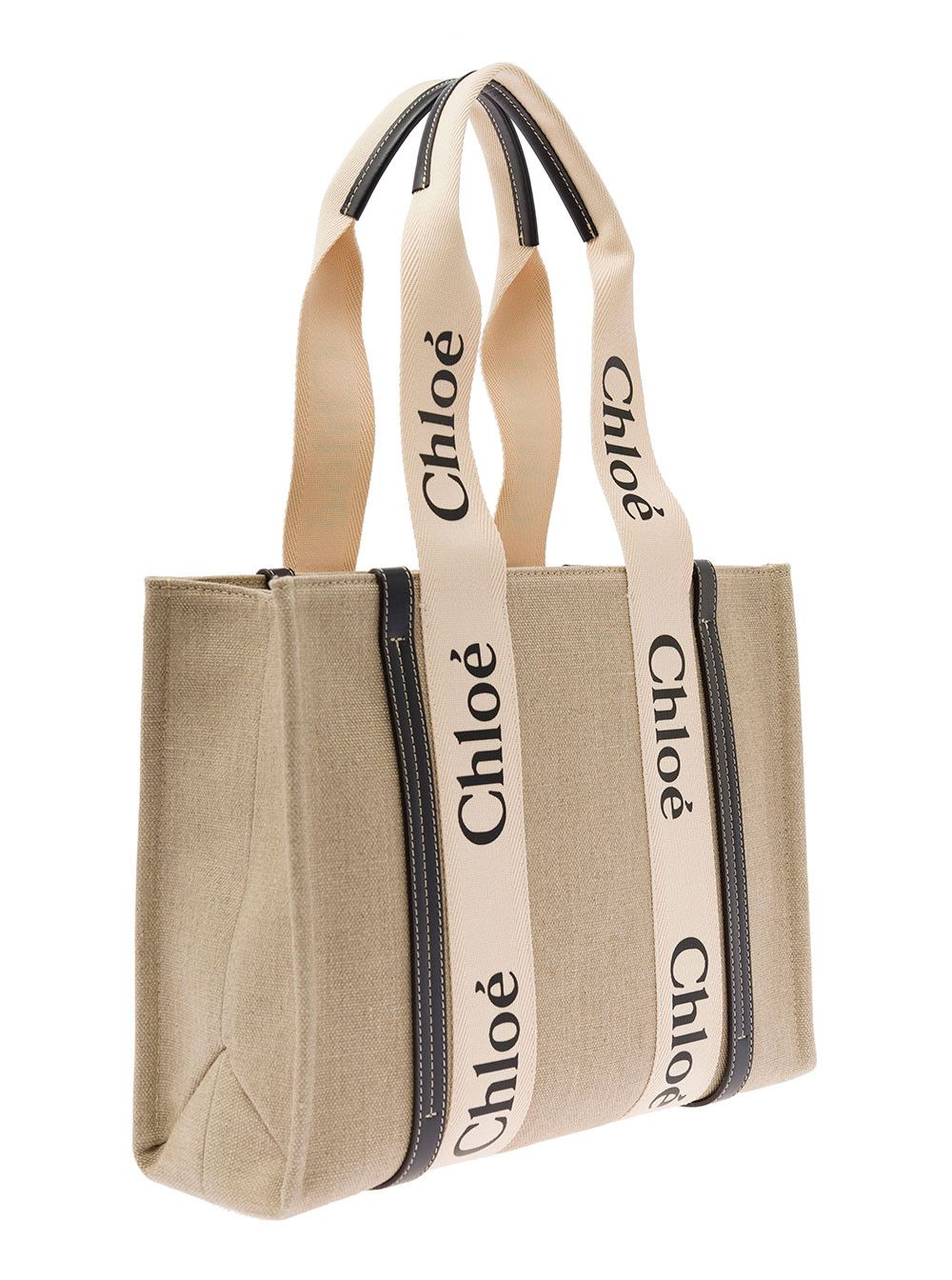 Chloe Beige Handbag 'Medium Woody' with Logo Lettering on the Front in Linen for Women Size ONE SIZE - 2 Thumbnail