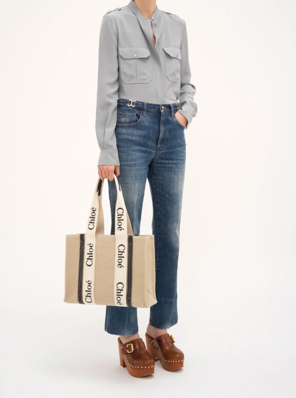 Chloe Beige Handbag 'Medium Woody' with Logo Lettering on the Front in Linen for Women Size ONE SIZE - 5 Thumbnail