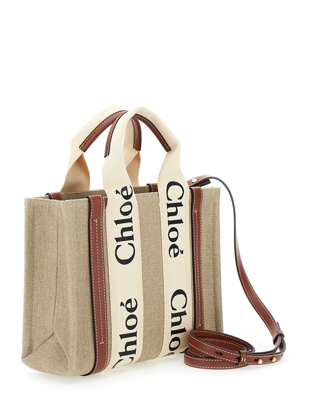 Chloe Beige 'Woody' Tote Bag with Logoed Ribbons in Canvas and Leather for Women Size ONE SIZE - 3 Thumbnail