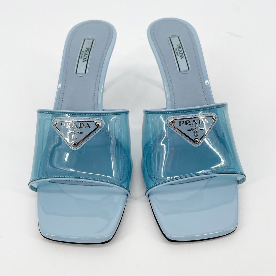 Prada Prada Celeste Blue Leather Trimmed PVC Plexi Logo Plaque Mule Sandal Size US 6 / IT 36 - 4 Thumbnail